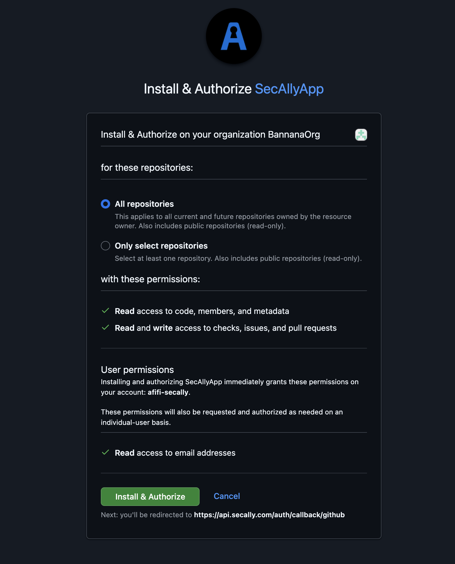 Select org to install SecAlly GitHub App on