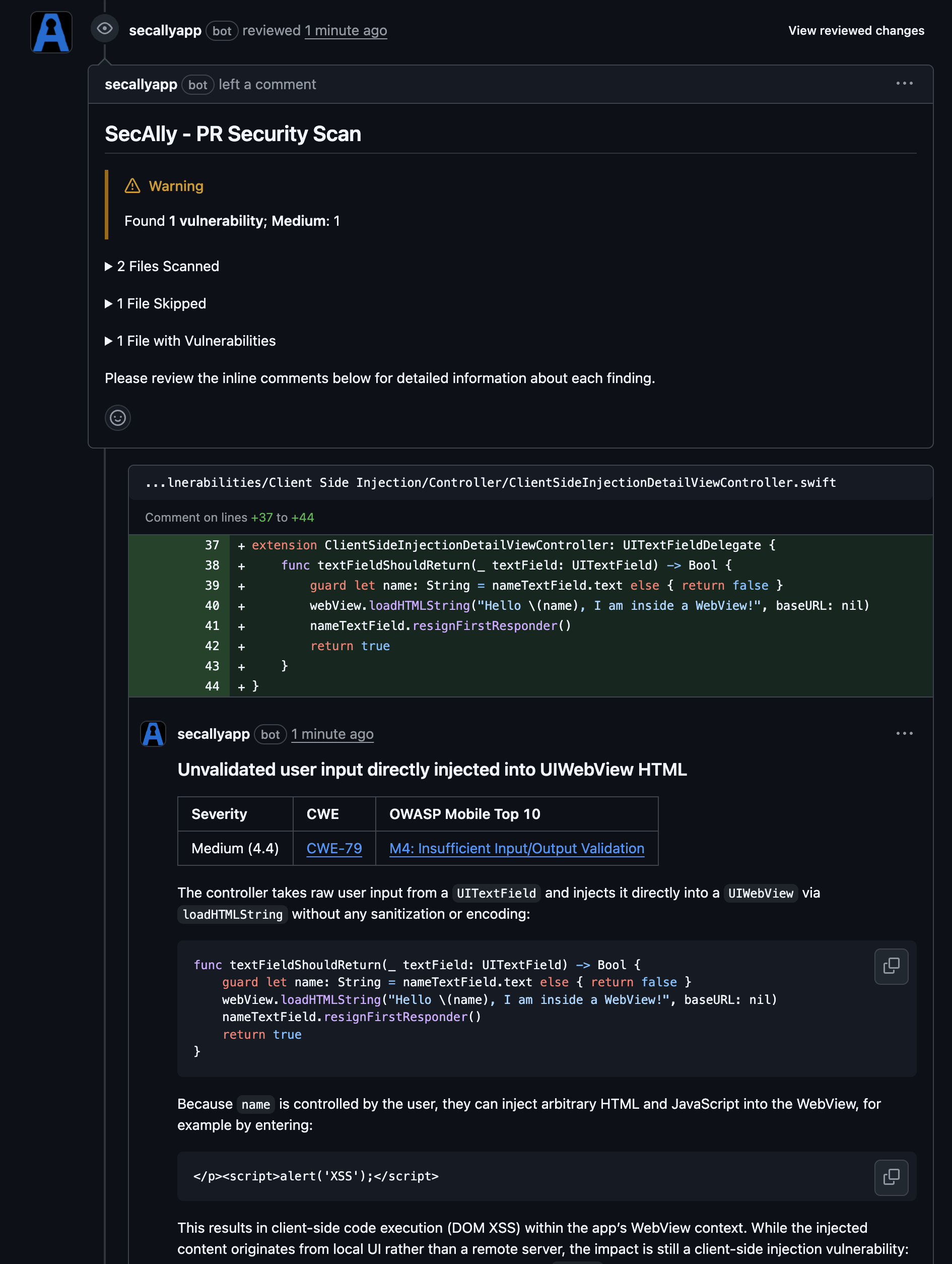 PR scan results posted as a GitHub review