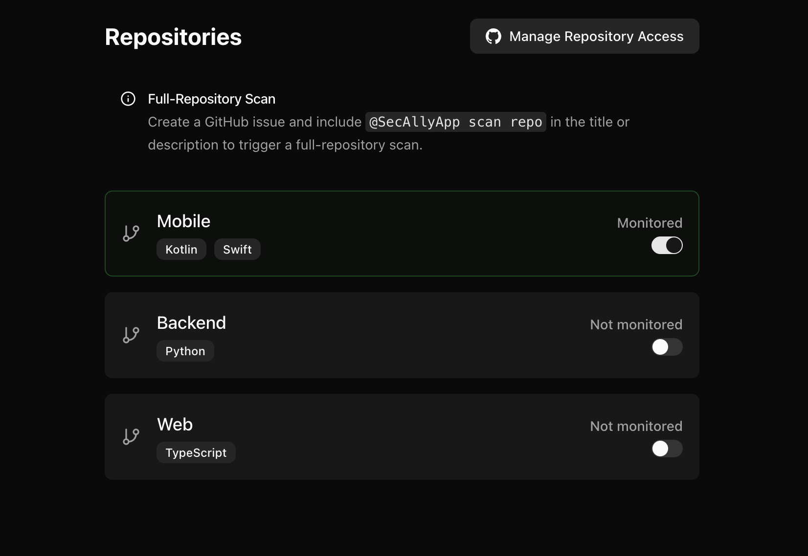Toggle monitored on for the repositories you want SecAlly to scan.