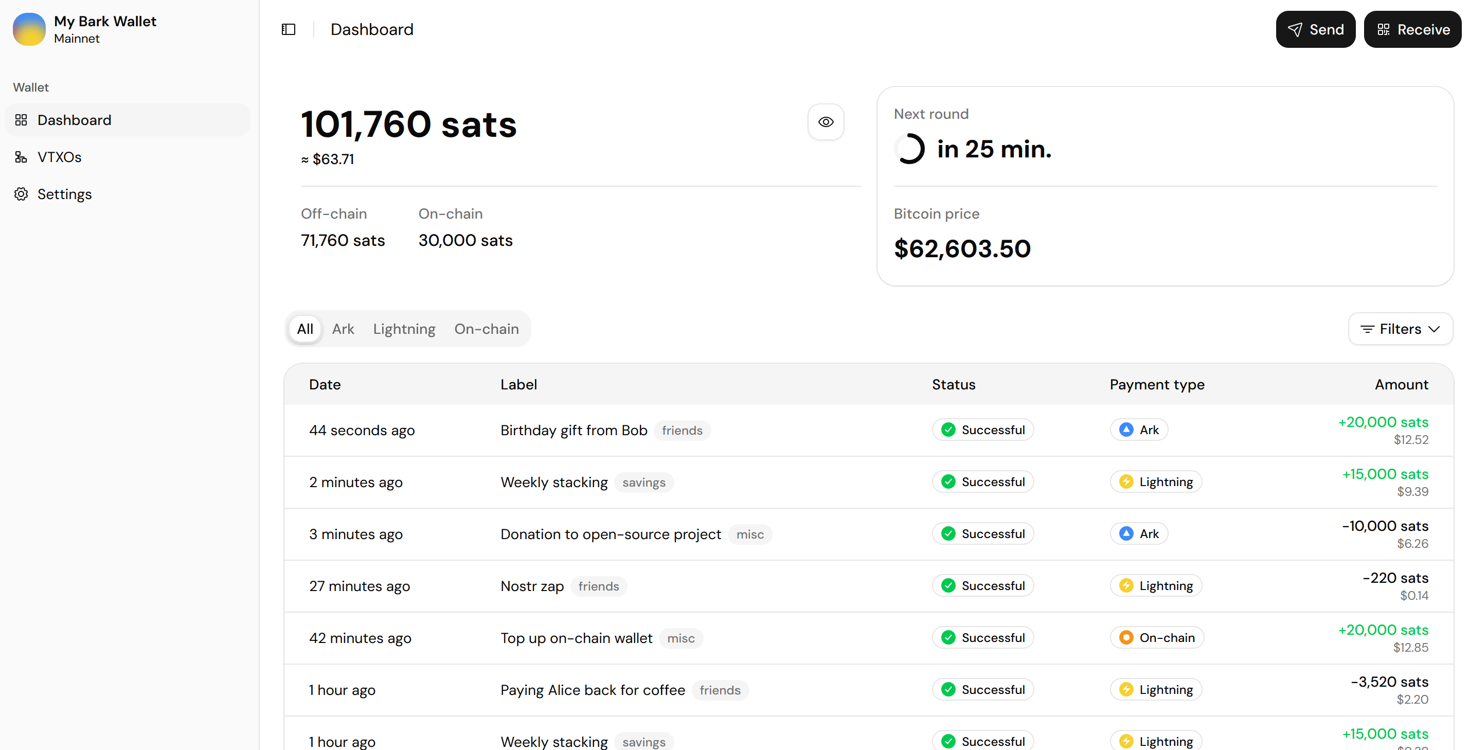 Screenshot of the Bark Wallet dashboard, with the main balance, its off-chain and on-chain sub-balances, the next round countdown, and the payment history