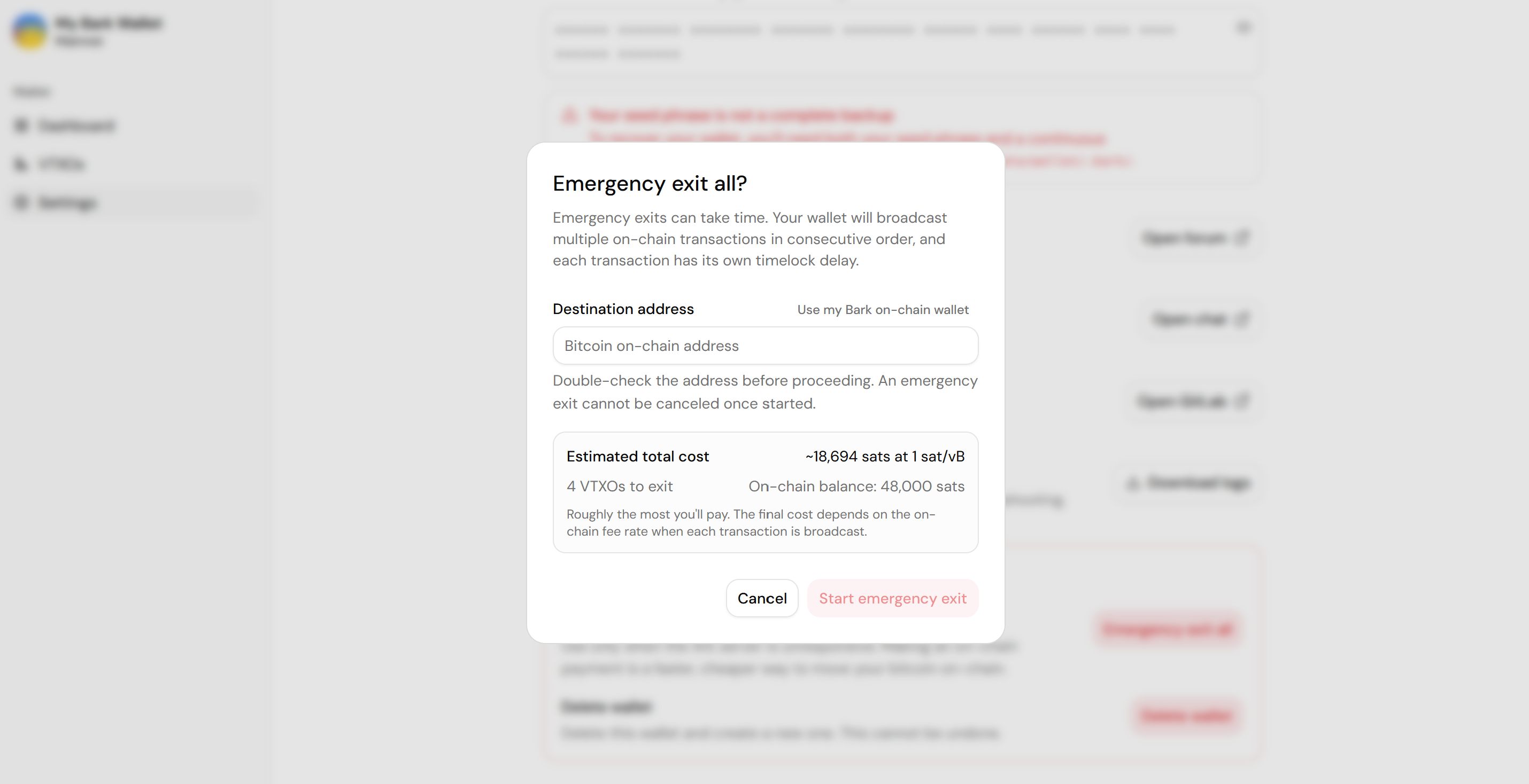 Screenshot of the Emergency exit all dialog, with the cost estimate, the number of VTXOs to exit, the on-chain balance, and the destination address field