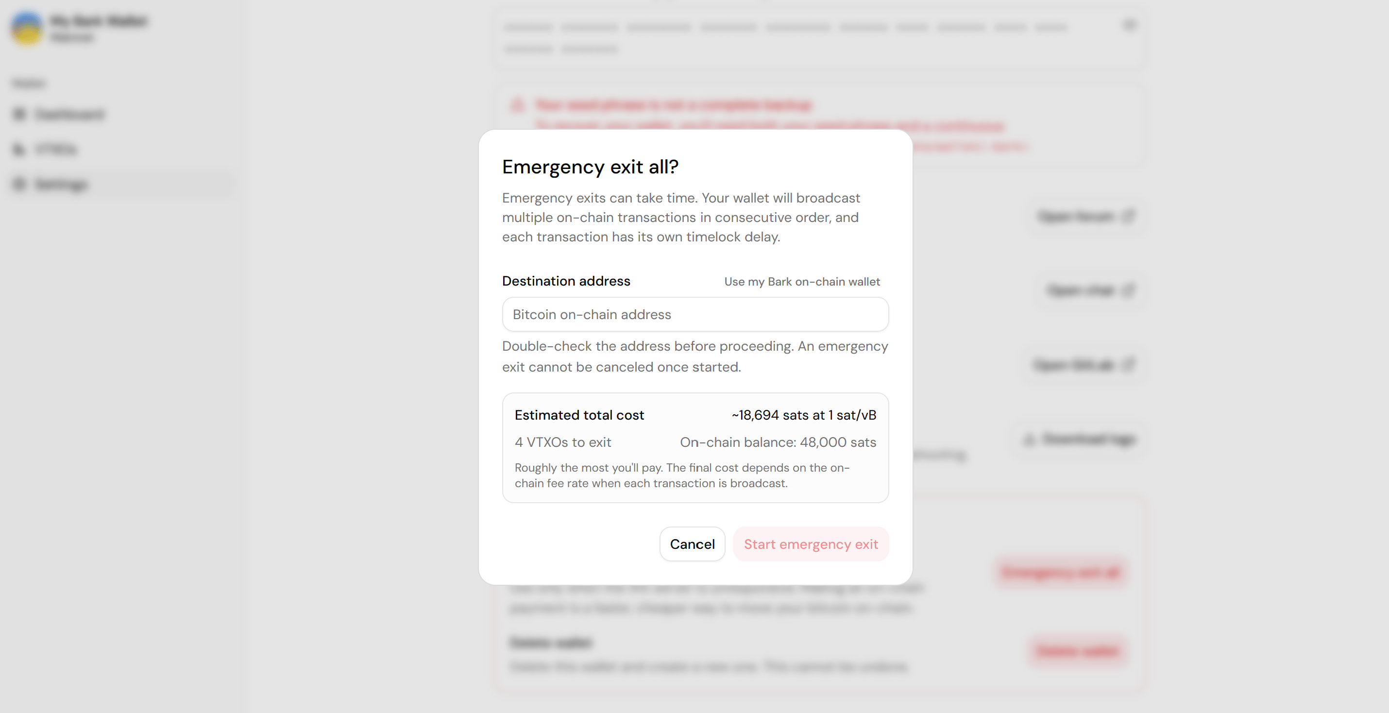 Screenshot of the Emergency exit all dialog, with the cost estimate, the number of VTXOs to exit, the on-chain balance, and the destination address field