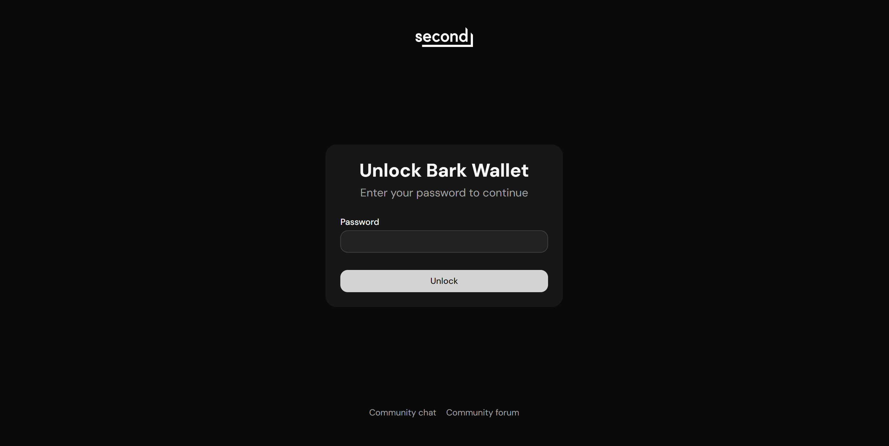 Screenshot of the Unlock Bark Wallet screen, asking for the password before showing the wallet app