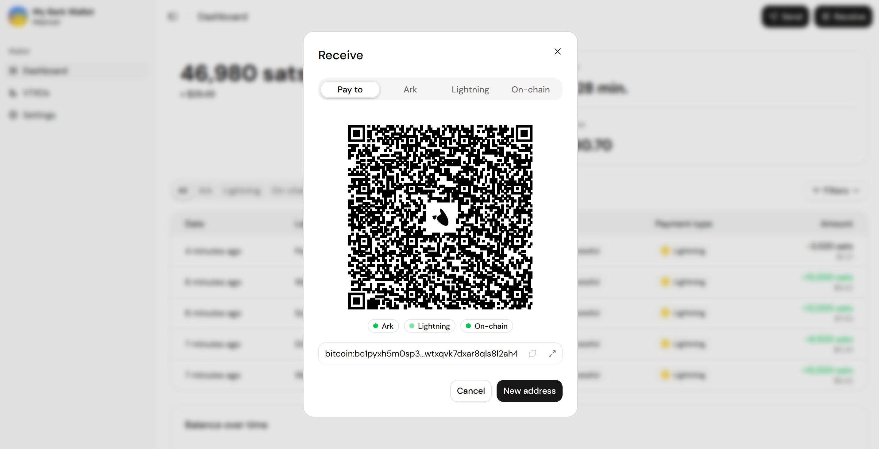 Screenshot of the Receive modal on the Pay to tab, with the combined QR code and the Ark, Lightning, and On-chain network pills