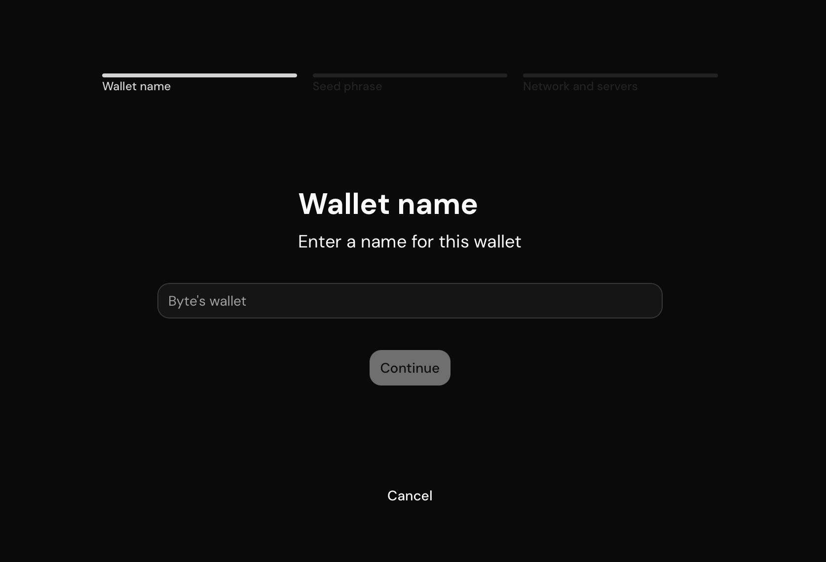 Screenshot of the restore screen's Wallet name step, with the Seed phrase and Network and servers steps queued in the progress bar, a name field, and the Continue button