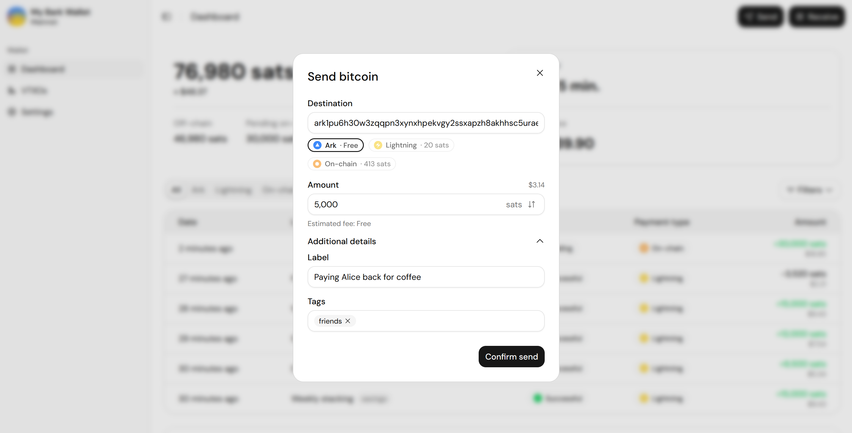 Screenshot of the Send modal with a BIP-321 destination decoded into Ark, Lightning, and On-chain pills, with the Ark option selected as free