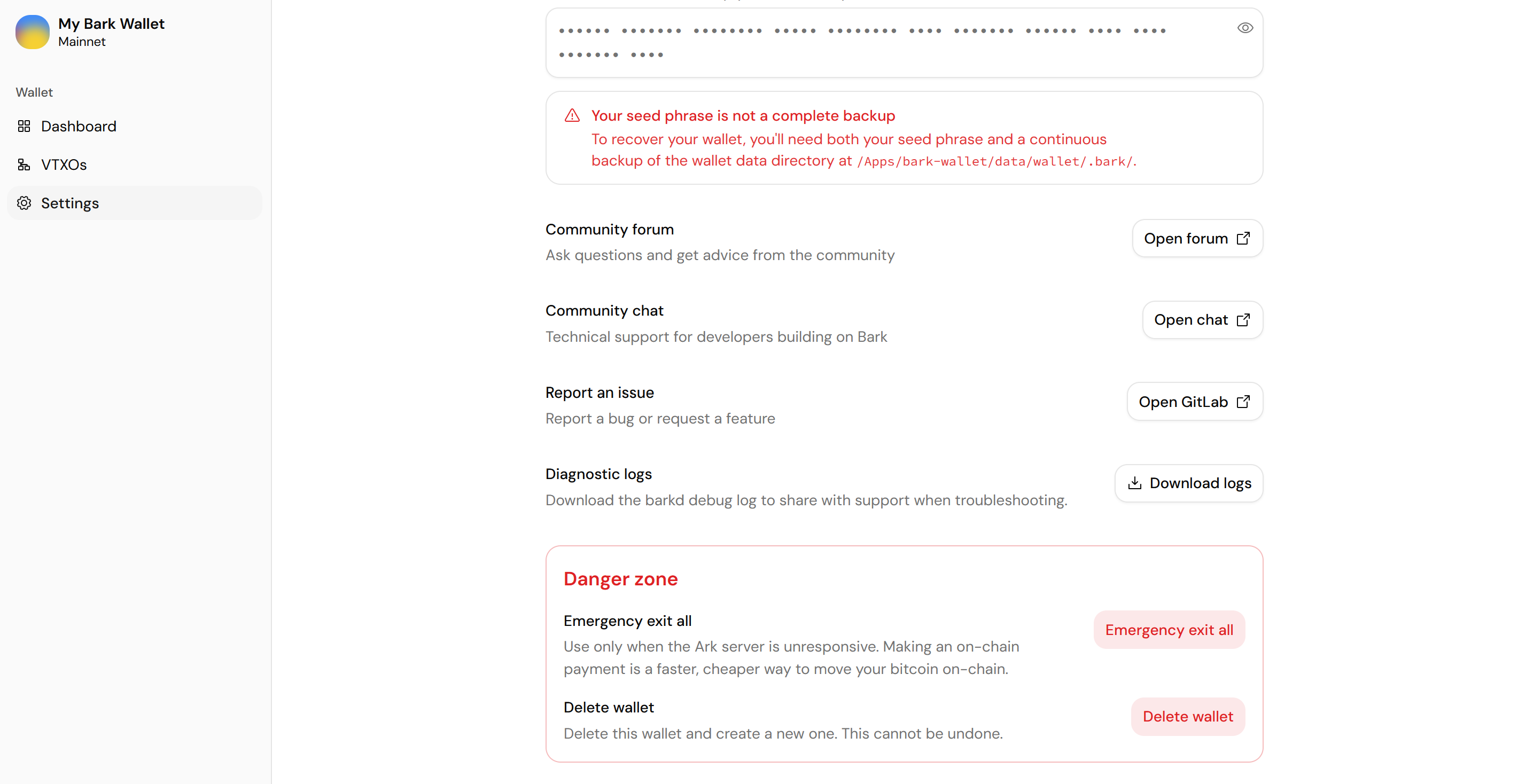 Screenshot of the bottom of the Settings page, with the seed phrase backup warning, the support entries, and the Danger zone holding the Emergency exit all and Delete wallet buttons