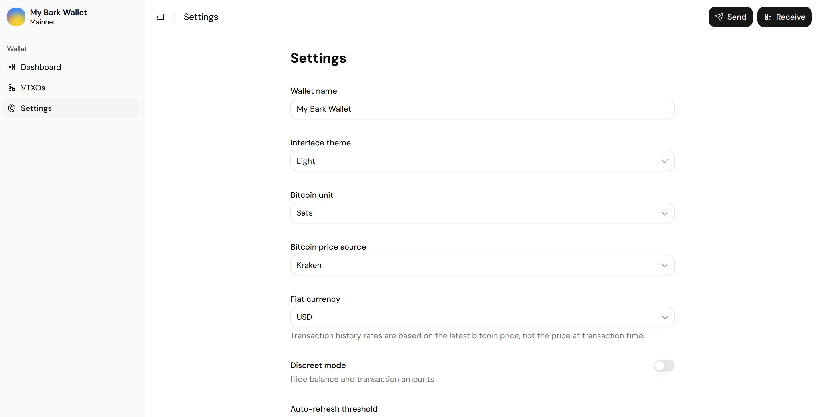 Screenshot of the top of the Bark Wallet Settings page, with the wallet name, theme, unit, and currency options