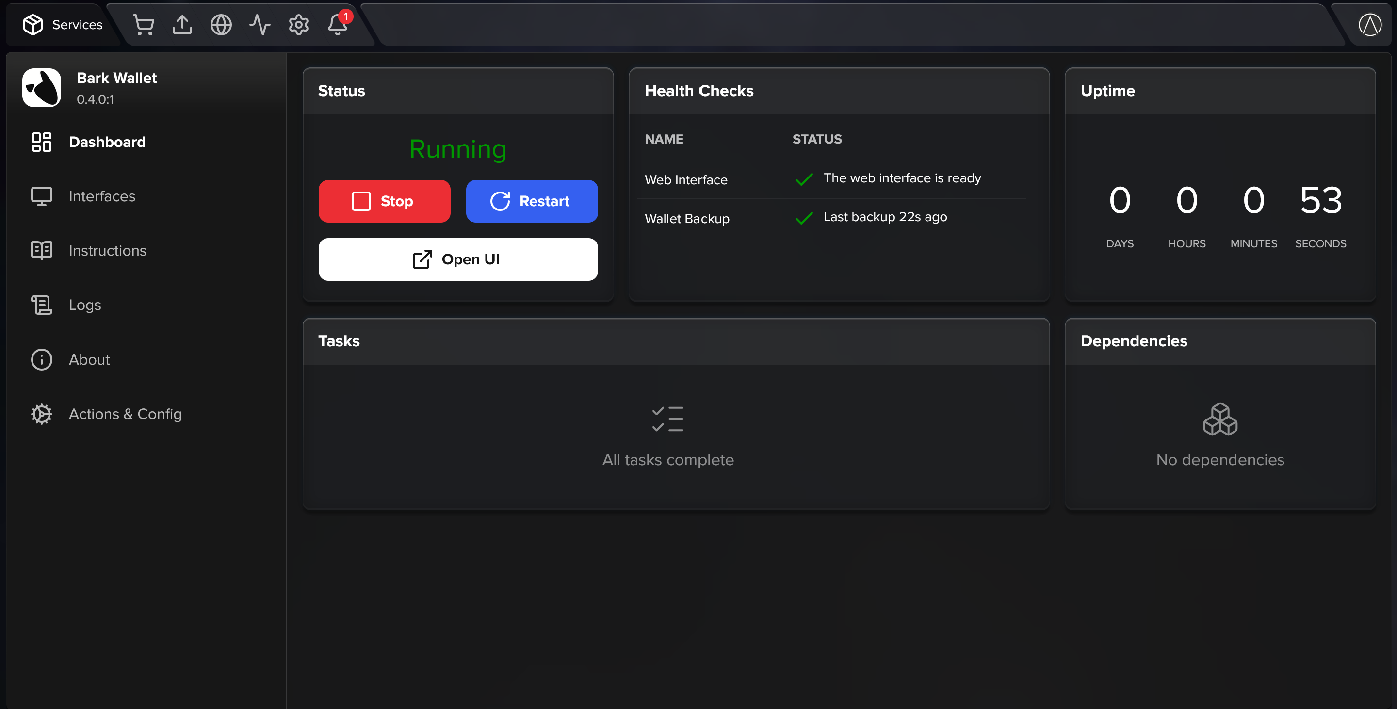 Screenshot of the running Bark Wallet service, with the Web Interface and Wallet Backup health checks green
