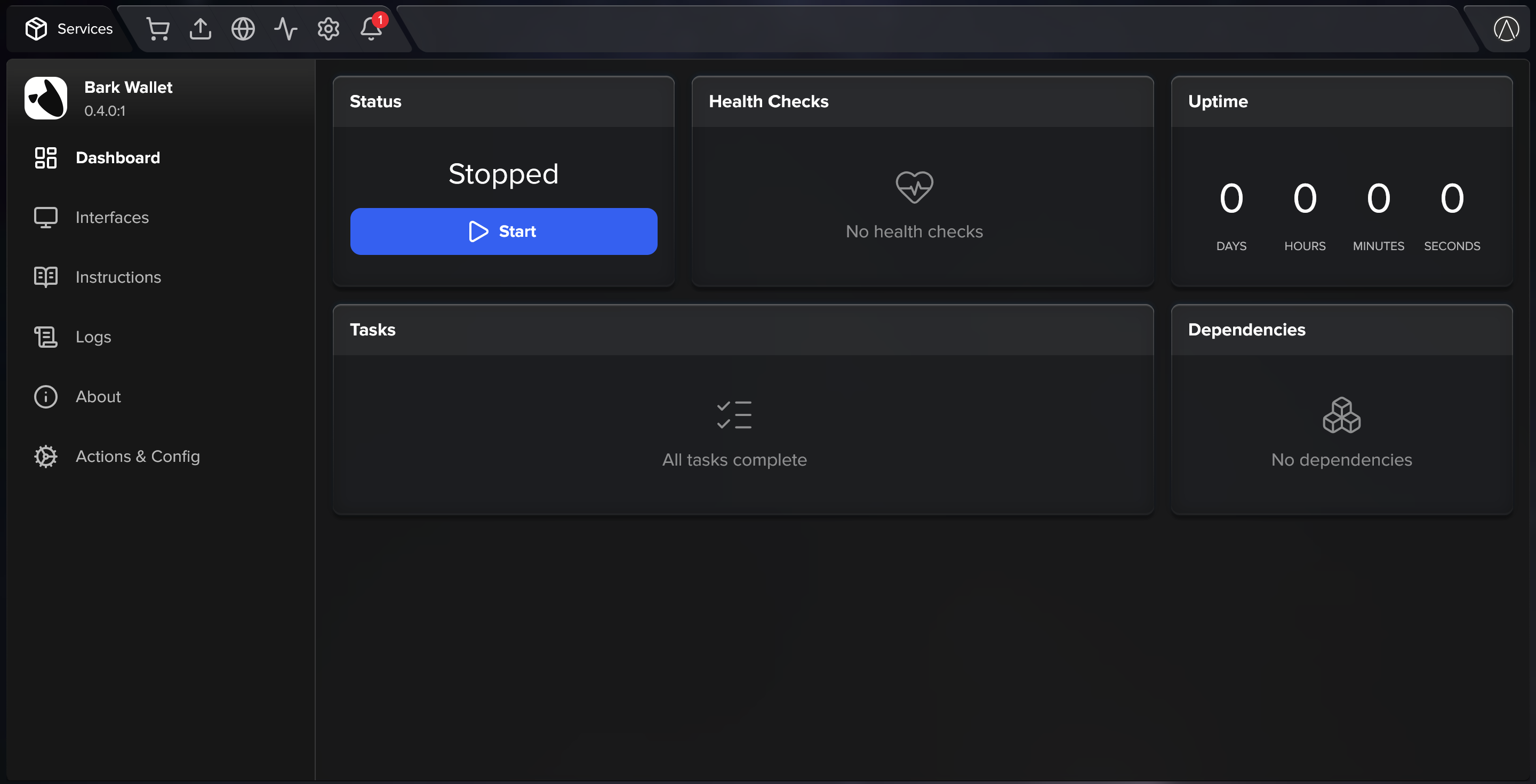 Screenshot of the Bark Wallet service Dashboard on StartOS, with the Stopped status, the Start button, and all tasks complete