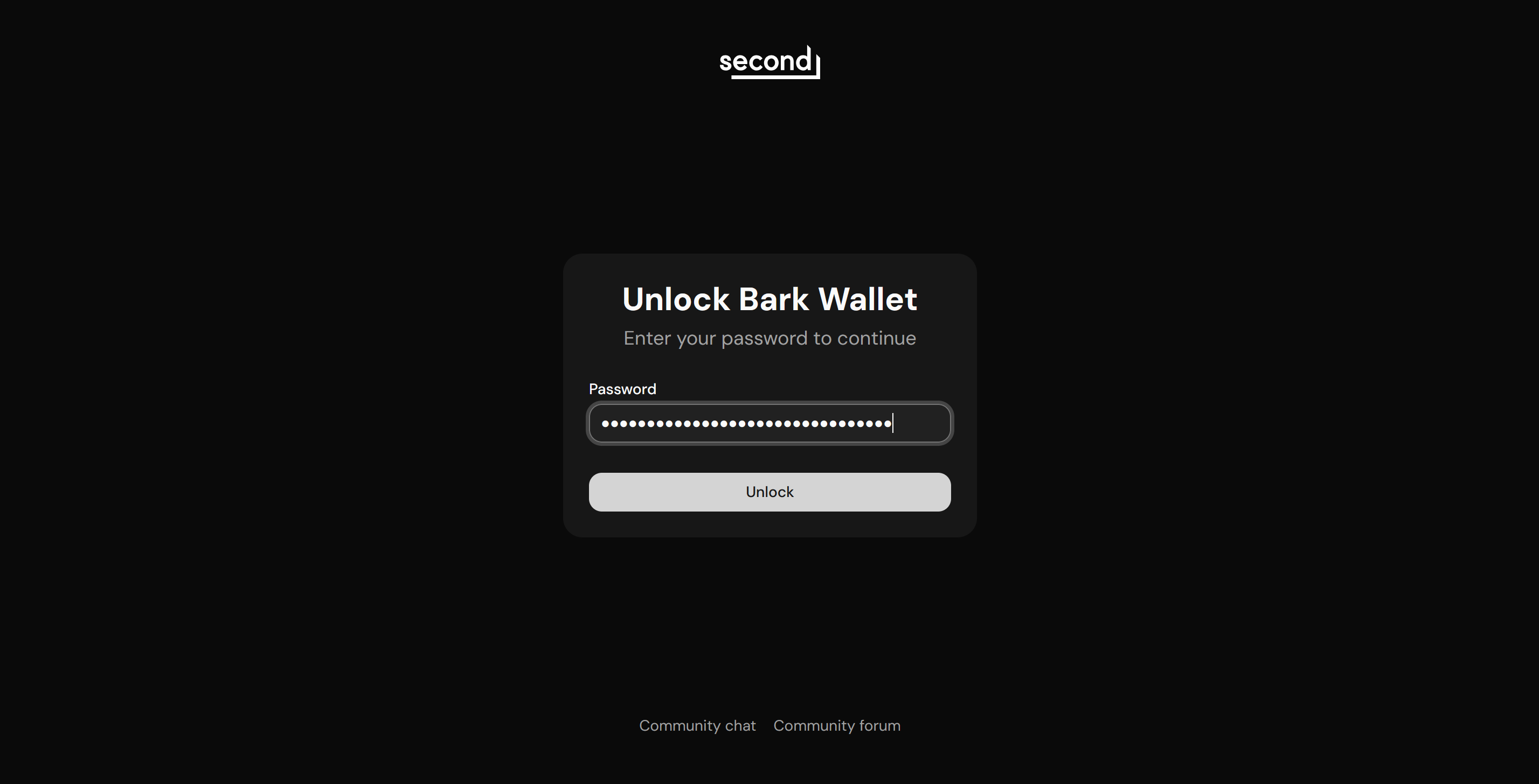 Screenshot of the Unlock Bark Wallet screen, asking for the password before showing the wallet app