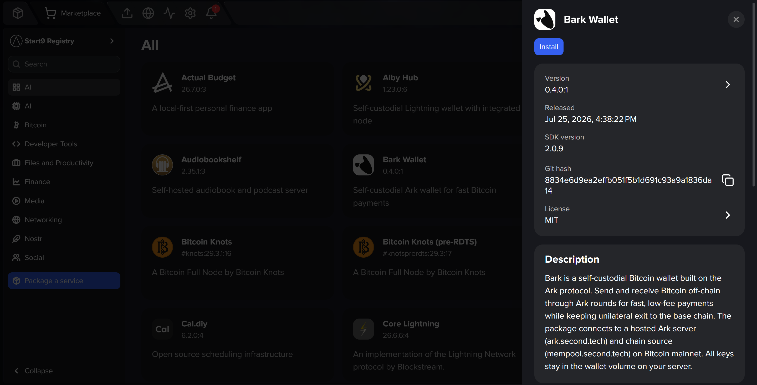 Screenshot of the Bark Wallet listing in the Start9 Registry, with the Install button and the version panel