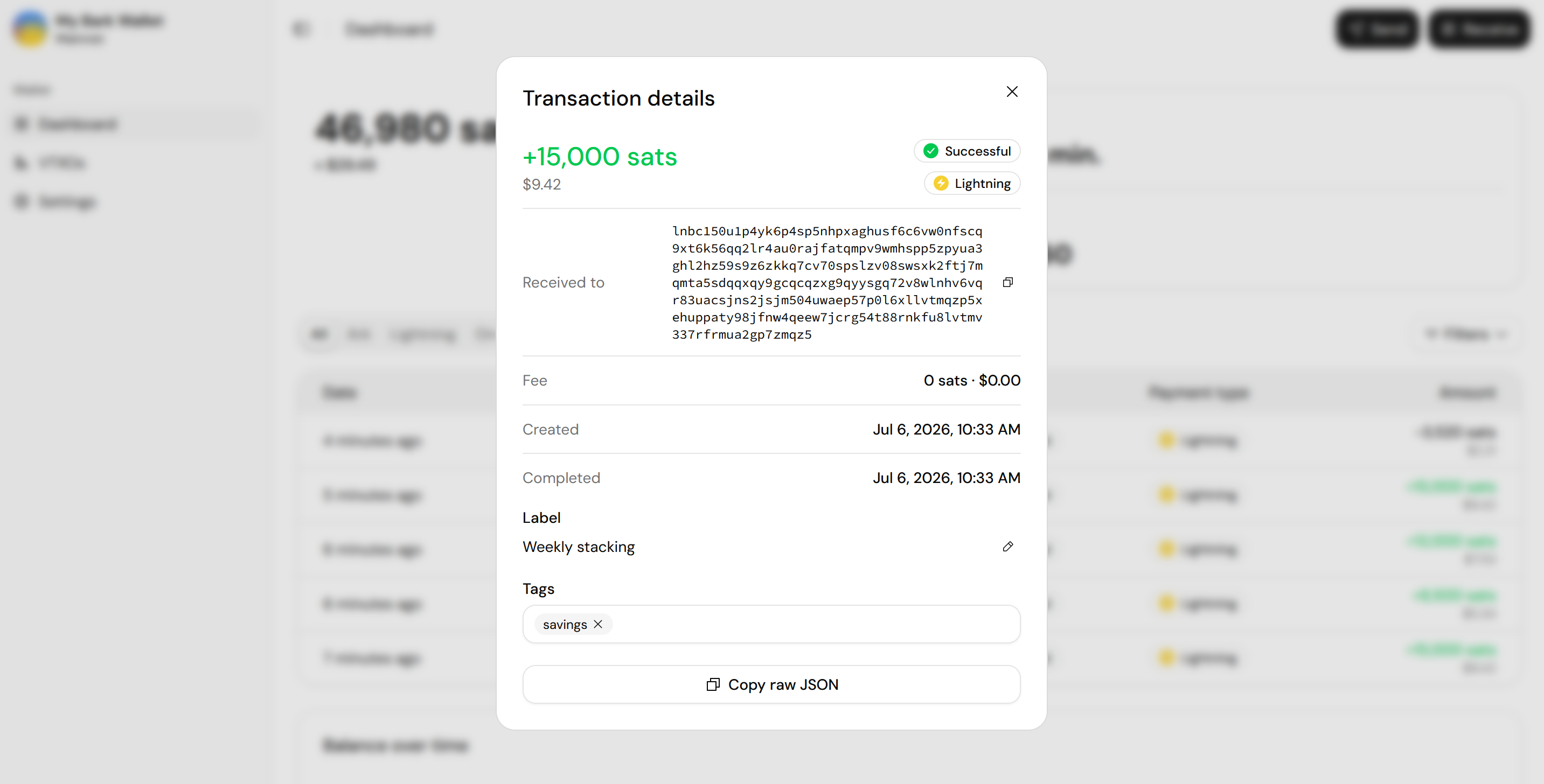 Screenshot of the transaction details dialog, with the destination, fee, timestamps, and the editable label and tags