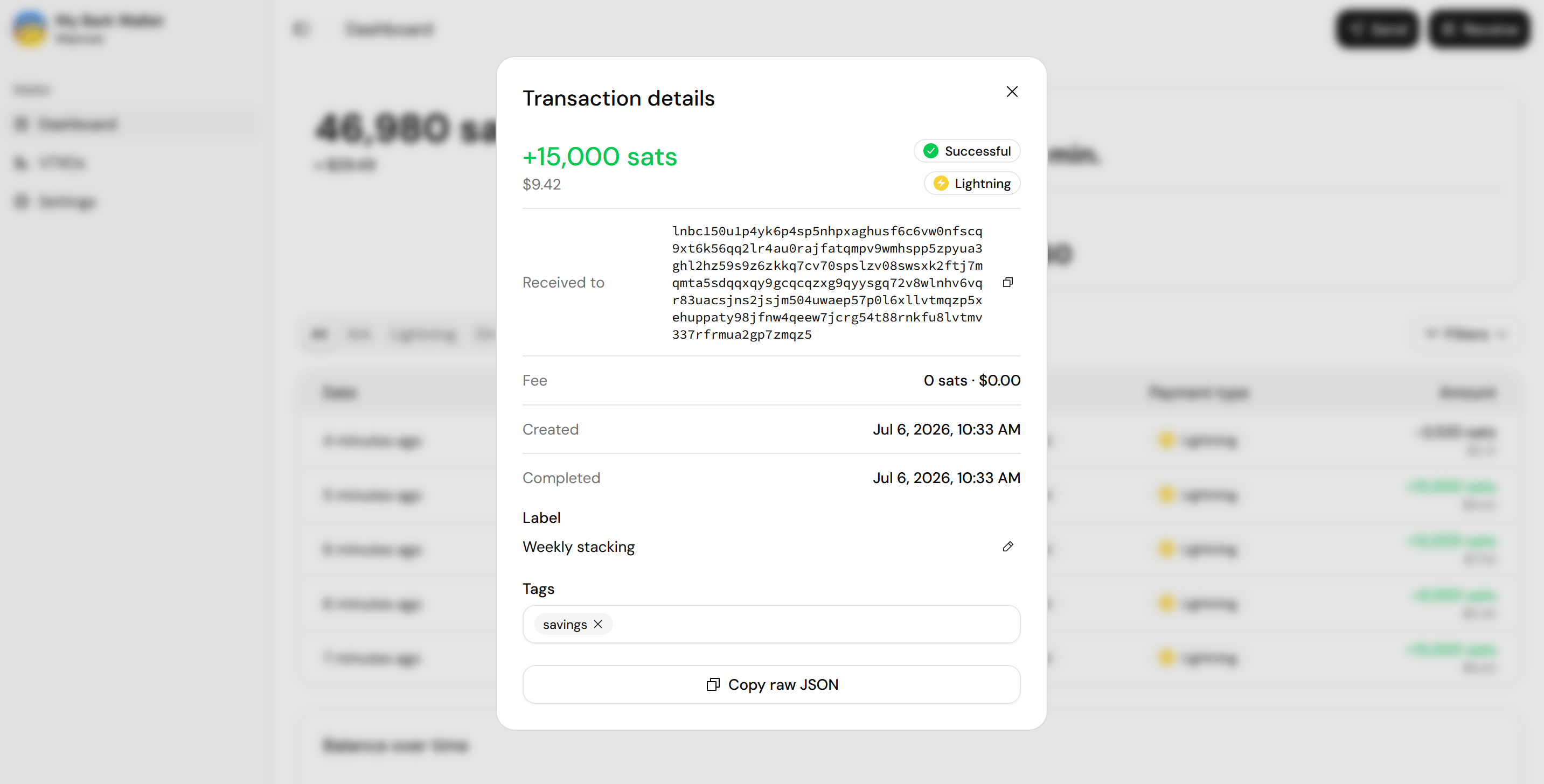 Screenshot of the transaction details dialog, with the destination, fee, timestamps, and the editable label and tags