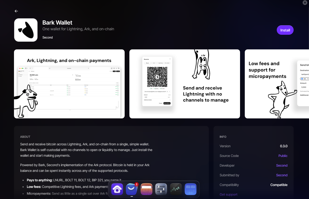 Screenshot of the Bark Wallet listing in the Umbrel App Store, with the Install button