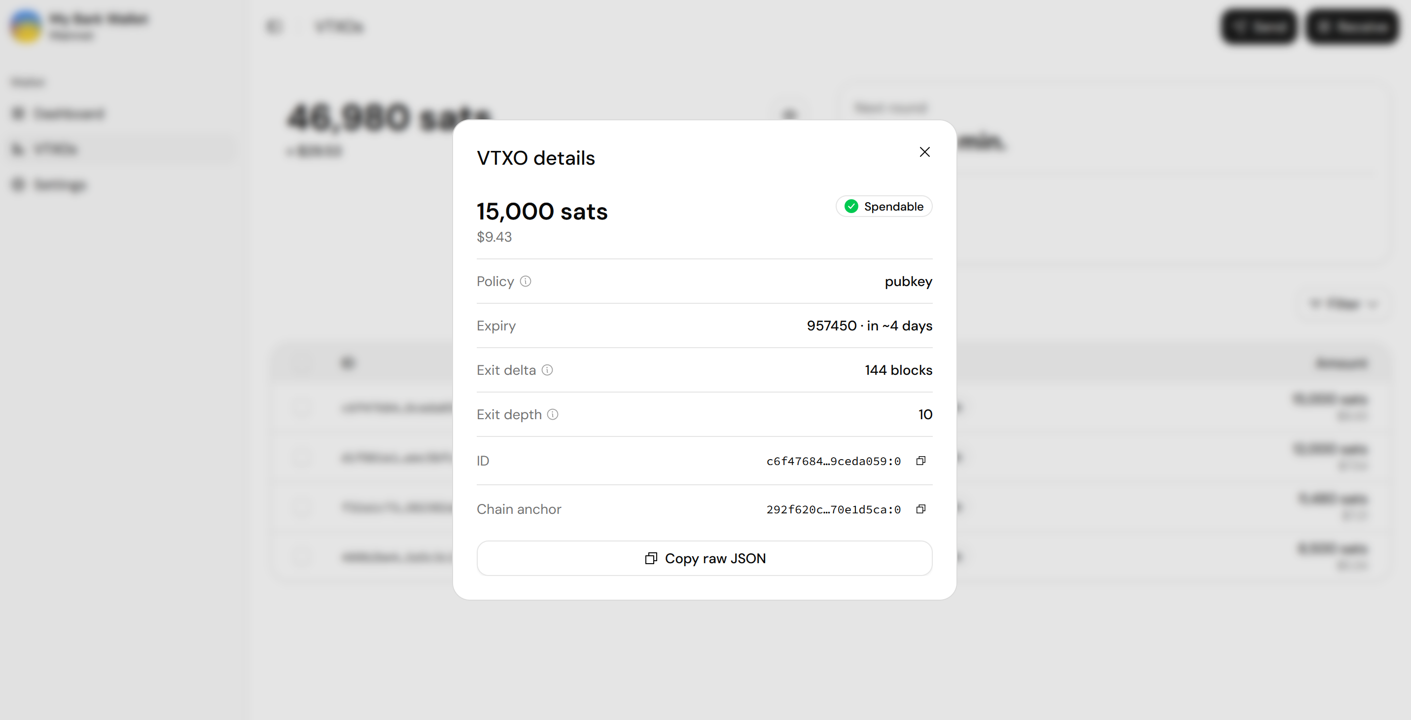 Screenshot of the VTXO details dialog, with the policy type, expiry, exit delta, exit depth, and chain anchor