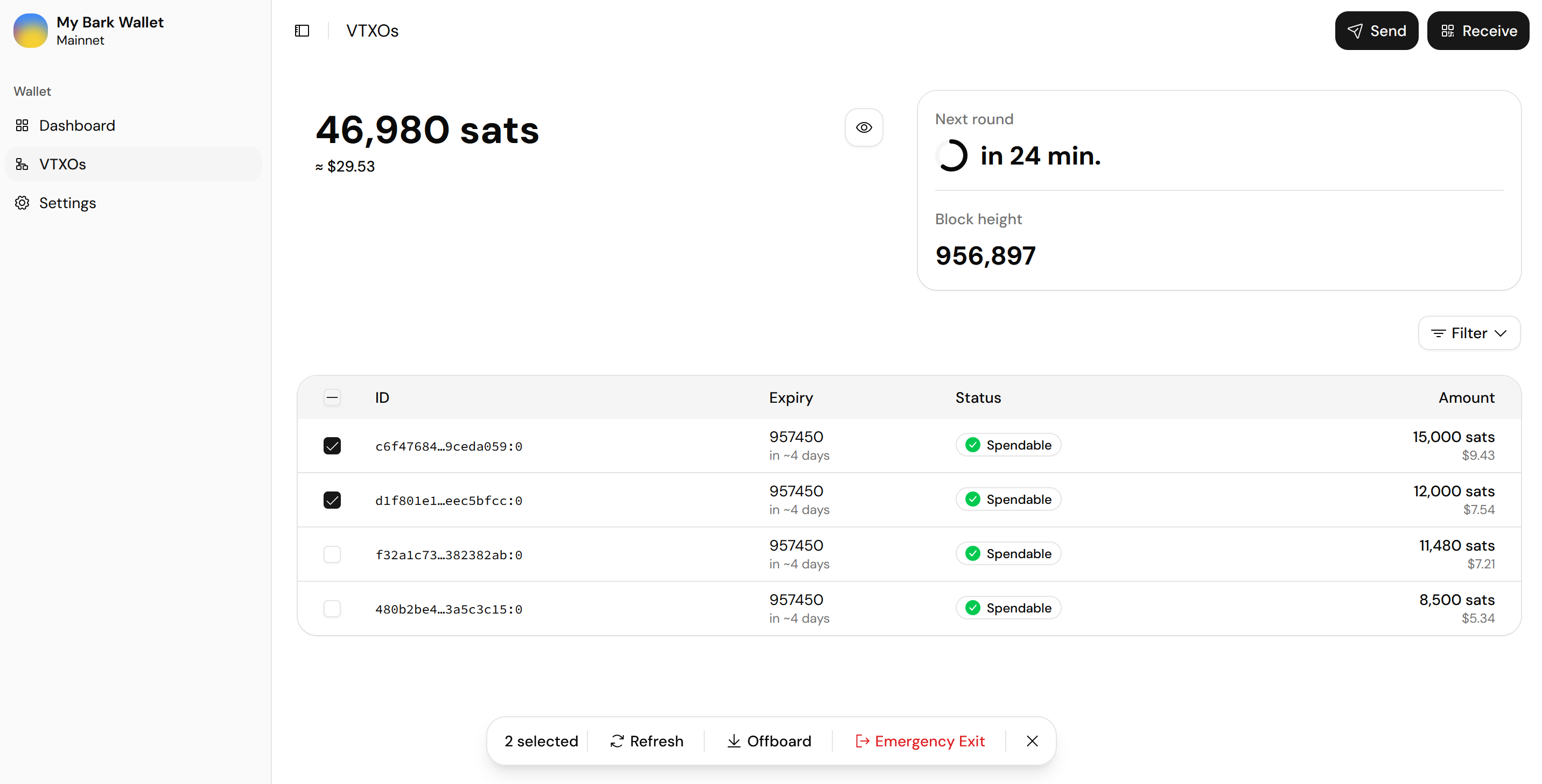 Screenshot of the VTXOs page with two VTXOs selected and the action bar showing the Refresh, Offboard, and Emergency Exit buttons