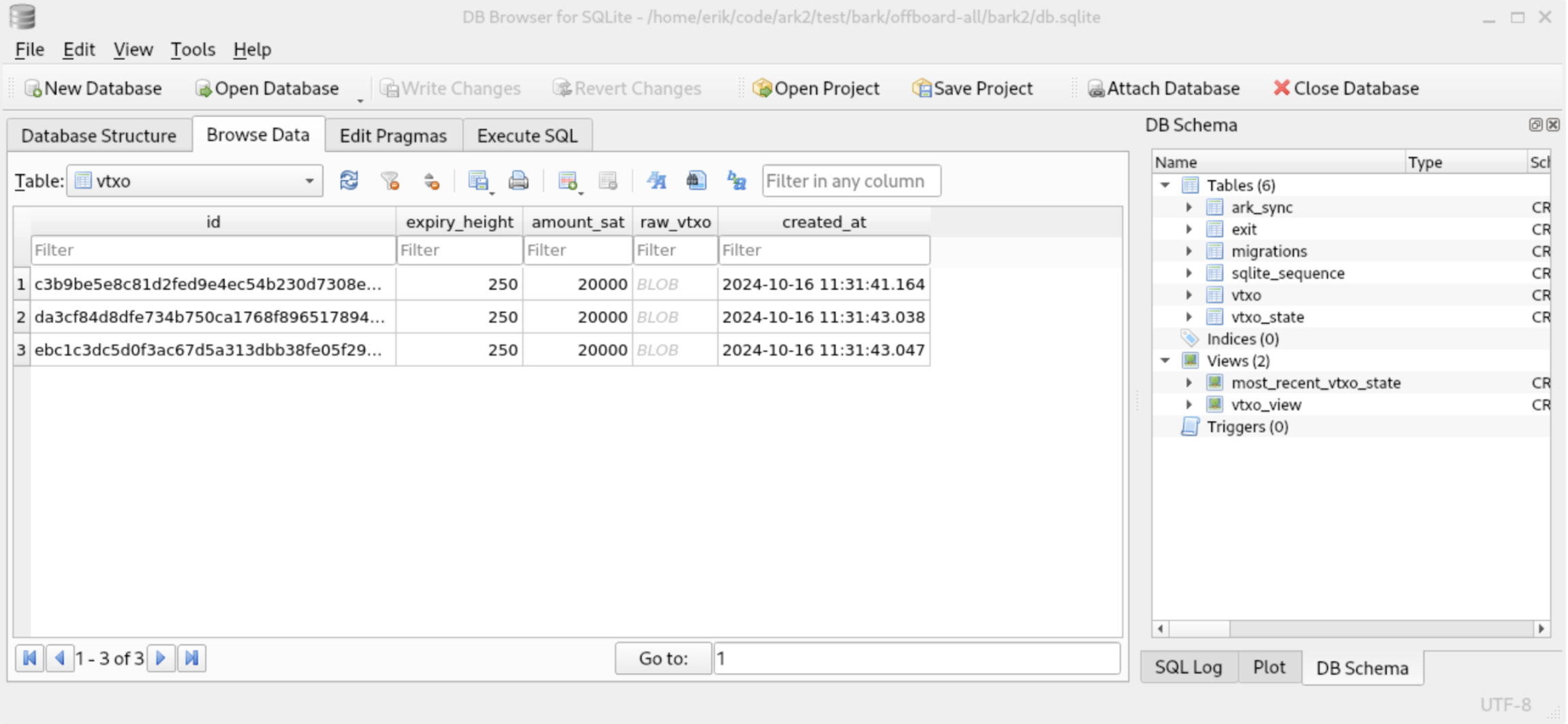 Screenshot of SQLite database in use