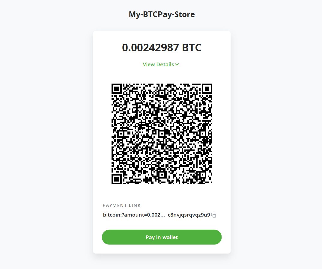 Screenshot of the BTCPay checkout a customer sees, with a single QR code payable over Lightning, Ark, or on-chain