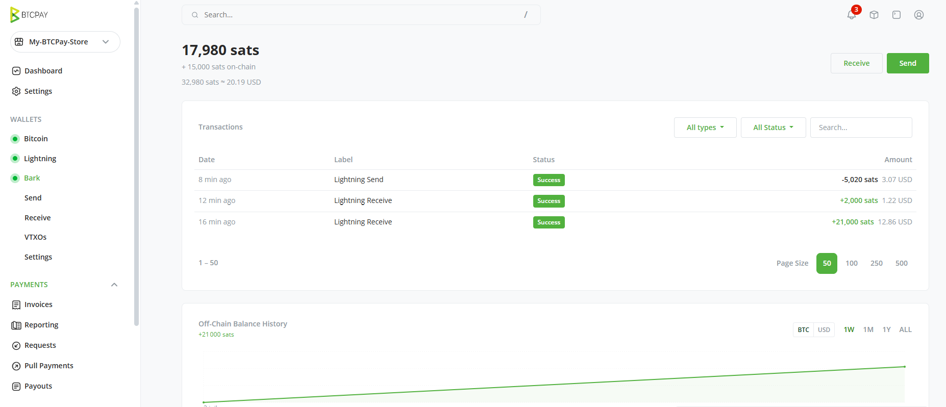 Screenshot of the Bark wallet dashboard, with the main balance, its sub-balances, and a list of transactions