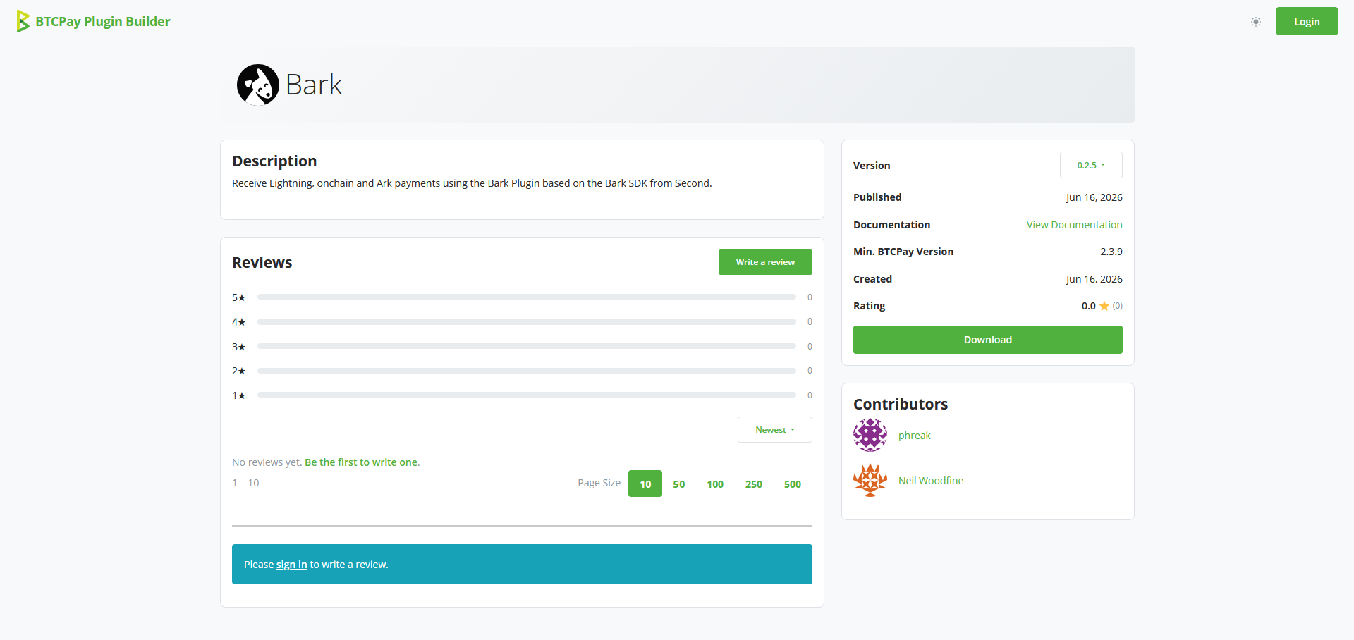 Screenshot of the Bark plugin page on the BTCPay Plugin Builder, with the Download button on the right