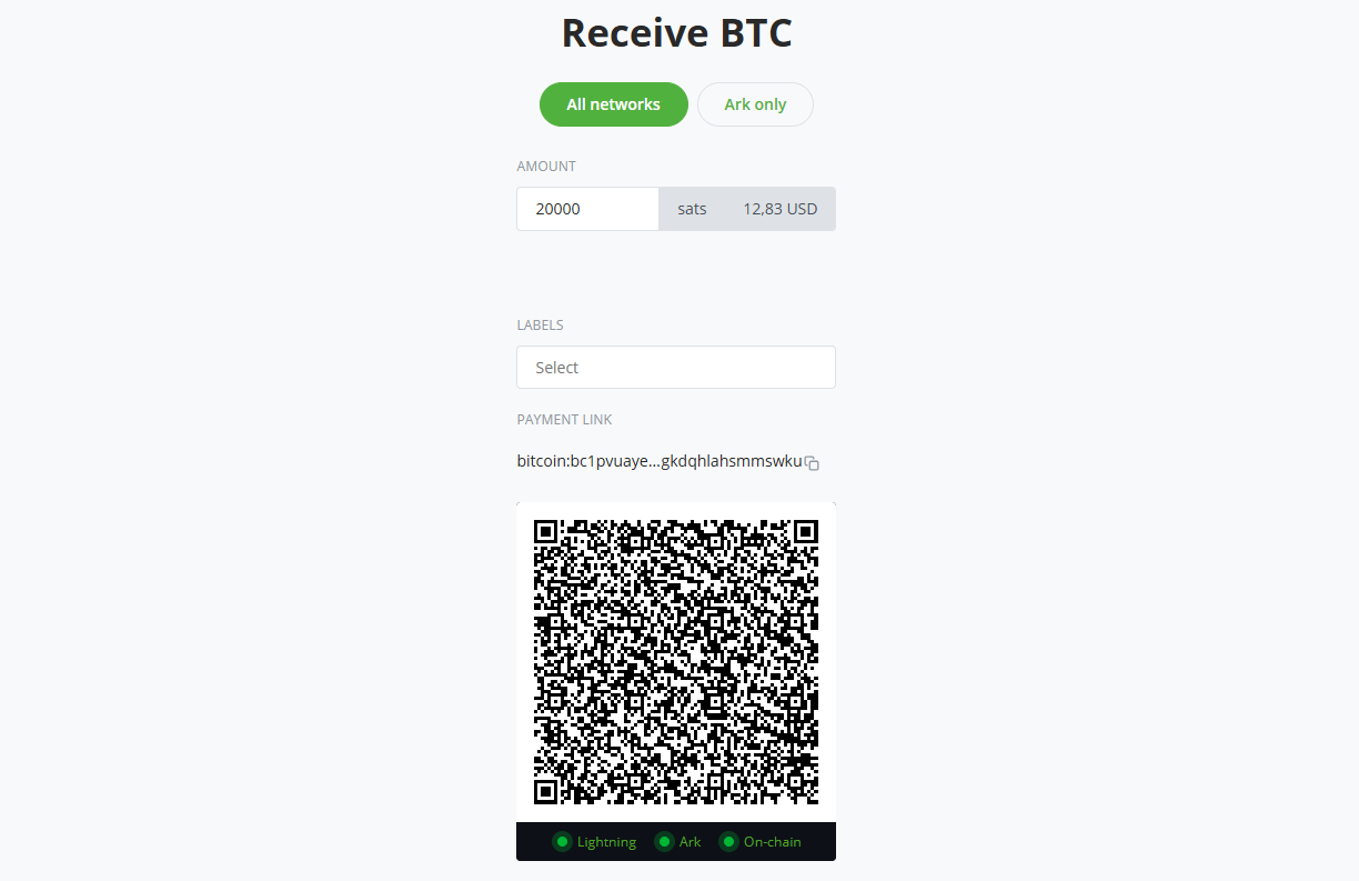 Screenshot of the Receive screen on the All networks tab, with an amount, the labels field, the payment link, and a QR code payable over on-chain, Ark, and Lightning