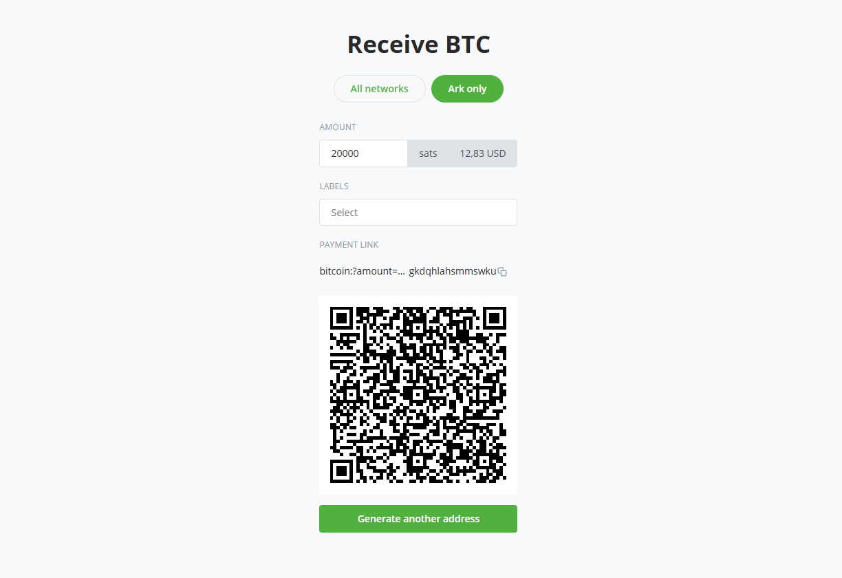 Screenshot of the Receive screen on the Ark only tab, with the labels field, an Ark address QR code, and the Generate another address button