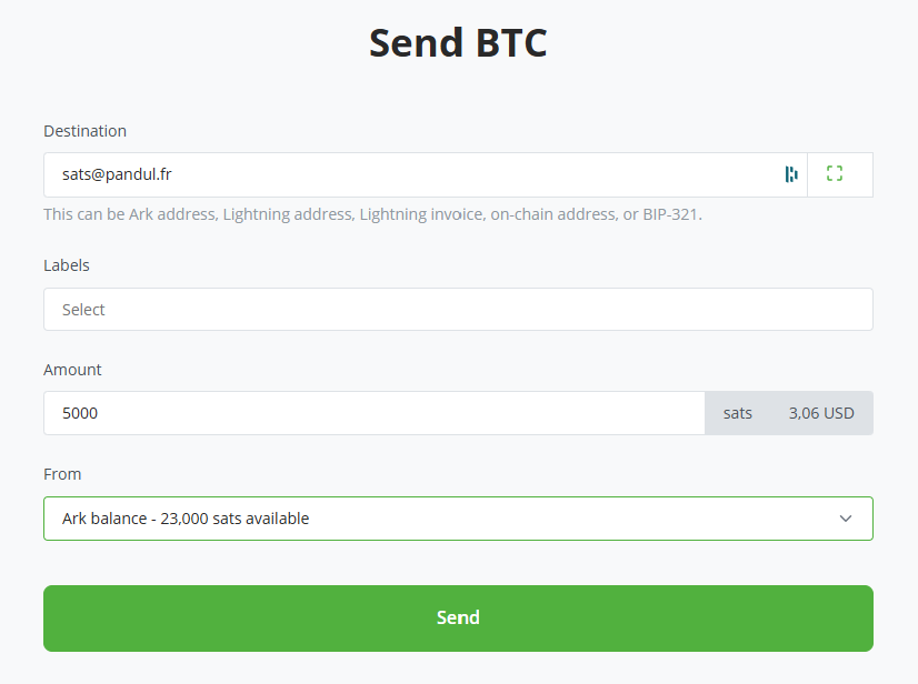 Screenshot of the Send screen with a destination, an amount in sats, and the From selector showing the Ark balance