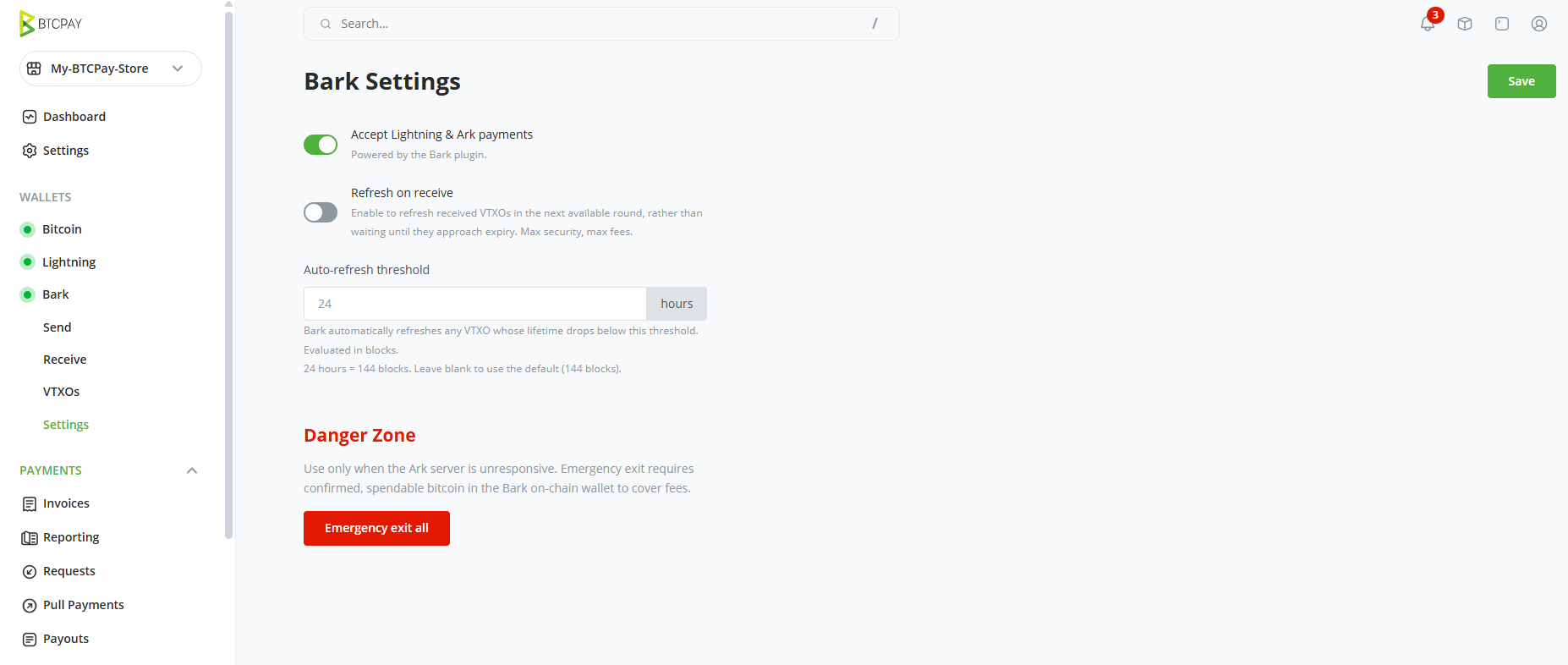 Screenshot of the Bark Settings page, with the payments toggle, the refresh options, and the Danger Zone holding the Emergency exit all button
