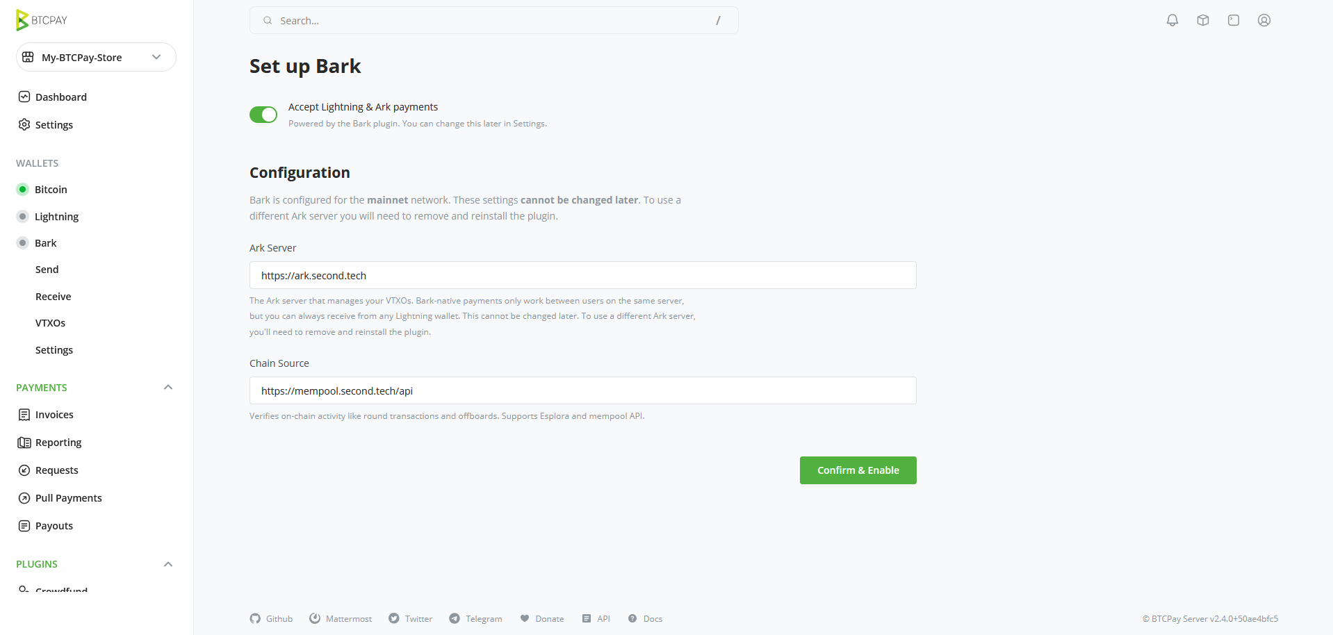 Screenshot of the Set up Bark screen, with the plugin toggled on, and the Ark server and chain source fields set to the default values.