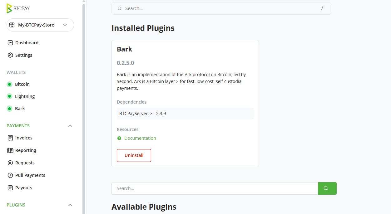 Screenshot of the Installed Plugins section on the Manage Plugins page, with the Bark plugin card and its Uninstall button