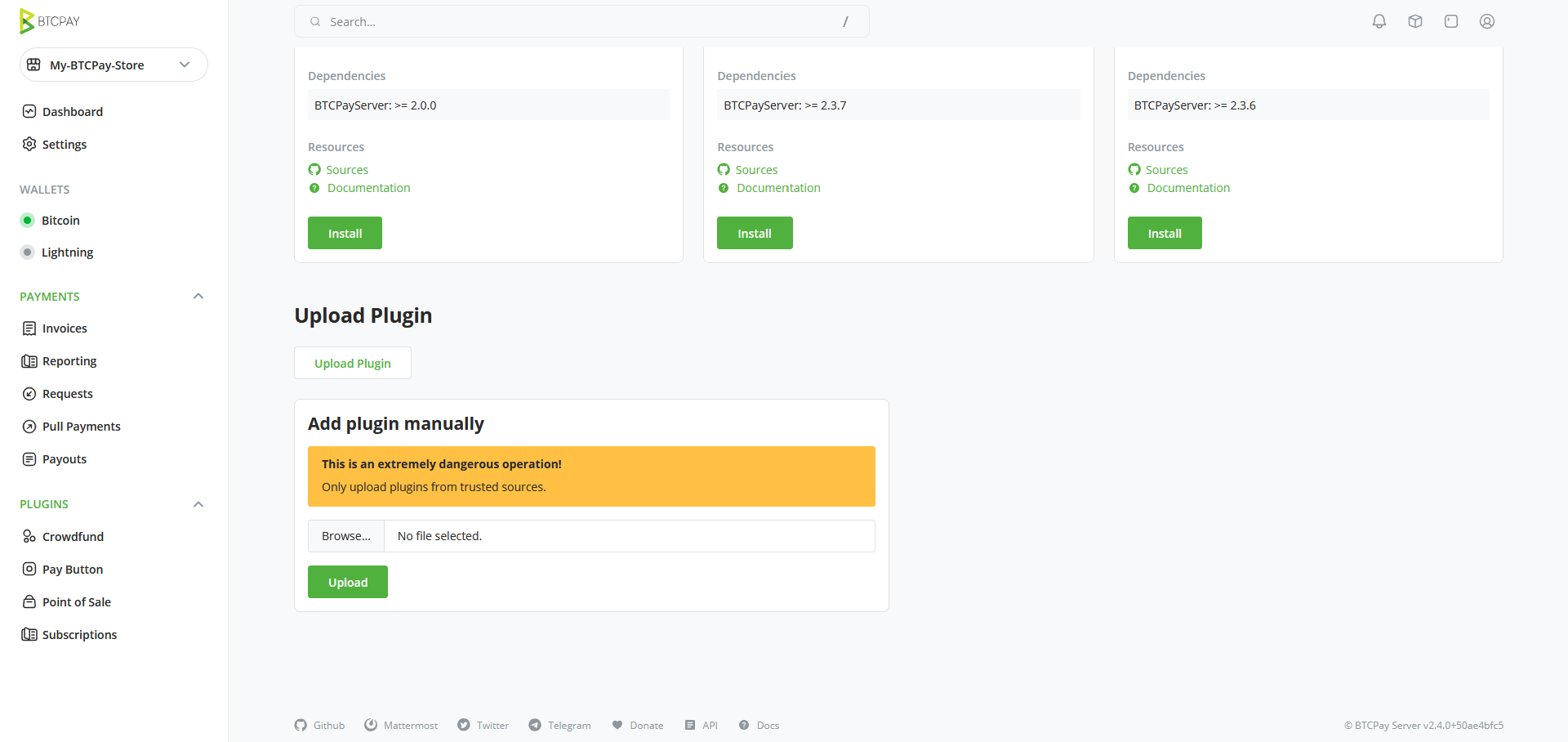 Screenshot of the Add plugin manually section at the bottom of the Manage Plugins page, with the file picker and the Upload button
