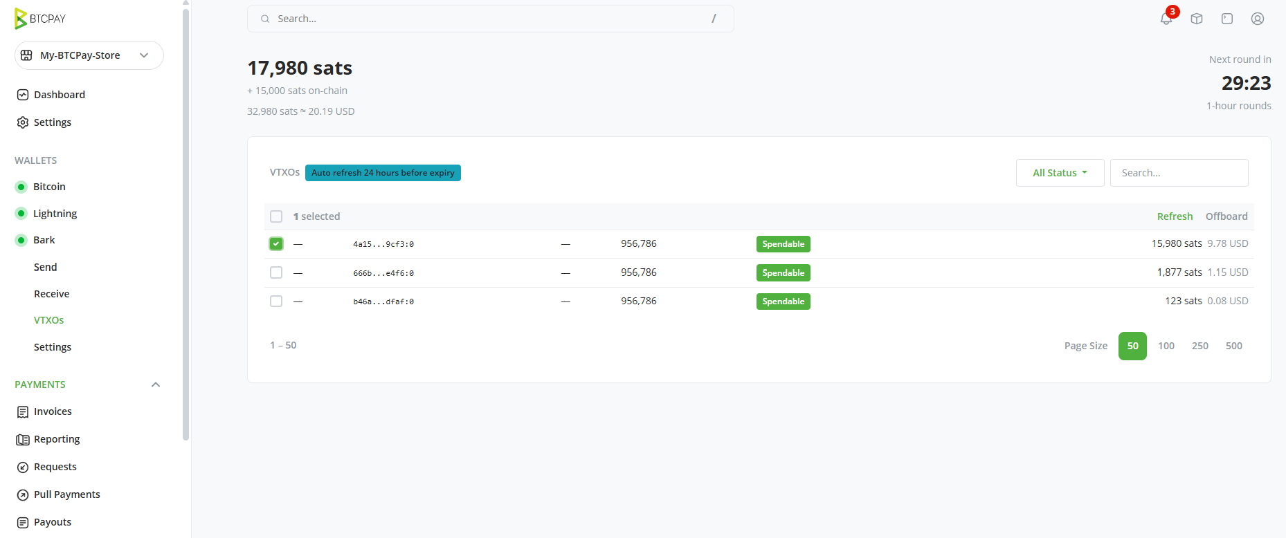 Screenshot of the VTXOs page with one VTXO selected and the Refresh and Offboard actions displayed above the list