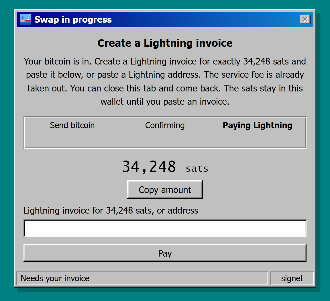 Screenshot of the Create a Lightning invoice stage, with the exact amount to invoice, the Copy amount button, the invoice field, and the Pay button