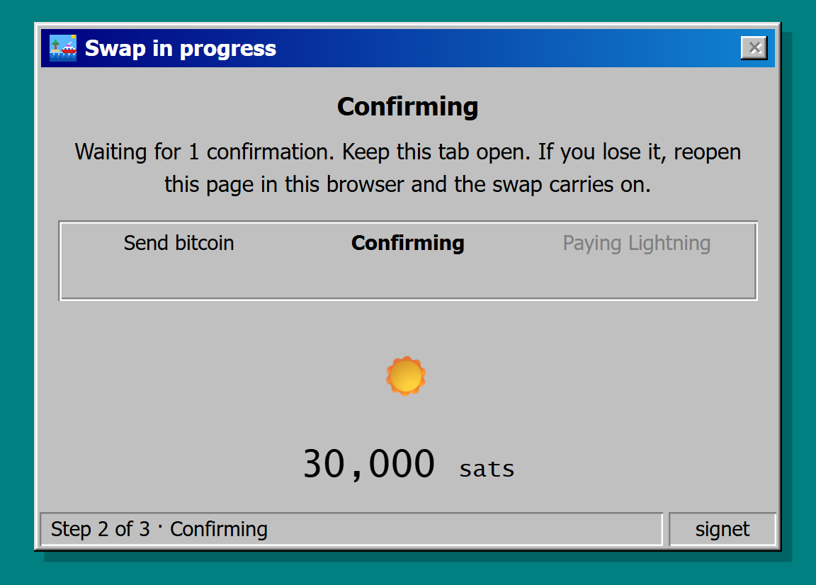 Screenshot of the Confirming stage, with the confirmation wait and the notice to keep the tab open