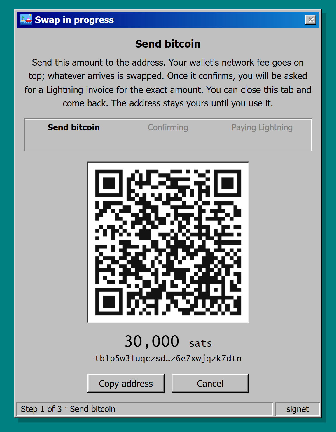 Screenshot of the Send bitcoin stage, with the amount to send, the funding address, its QR code, and the Copy address button