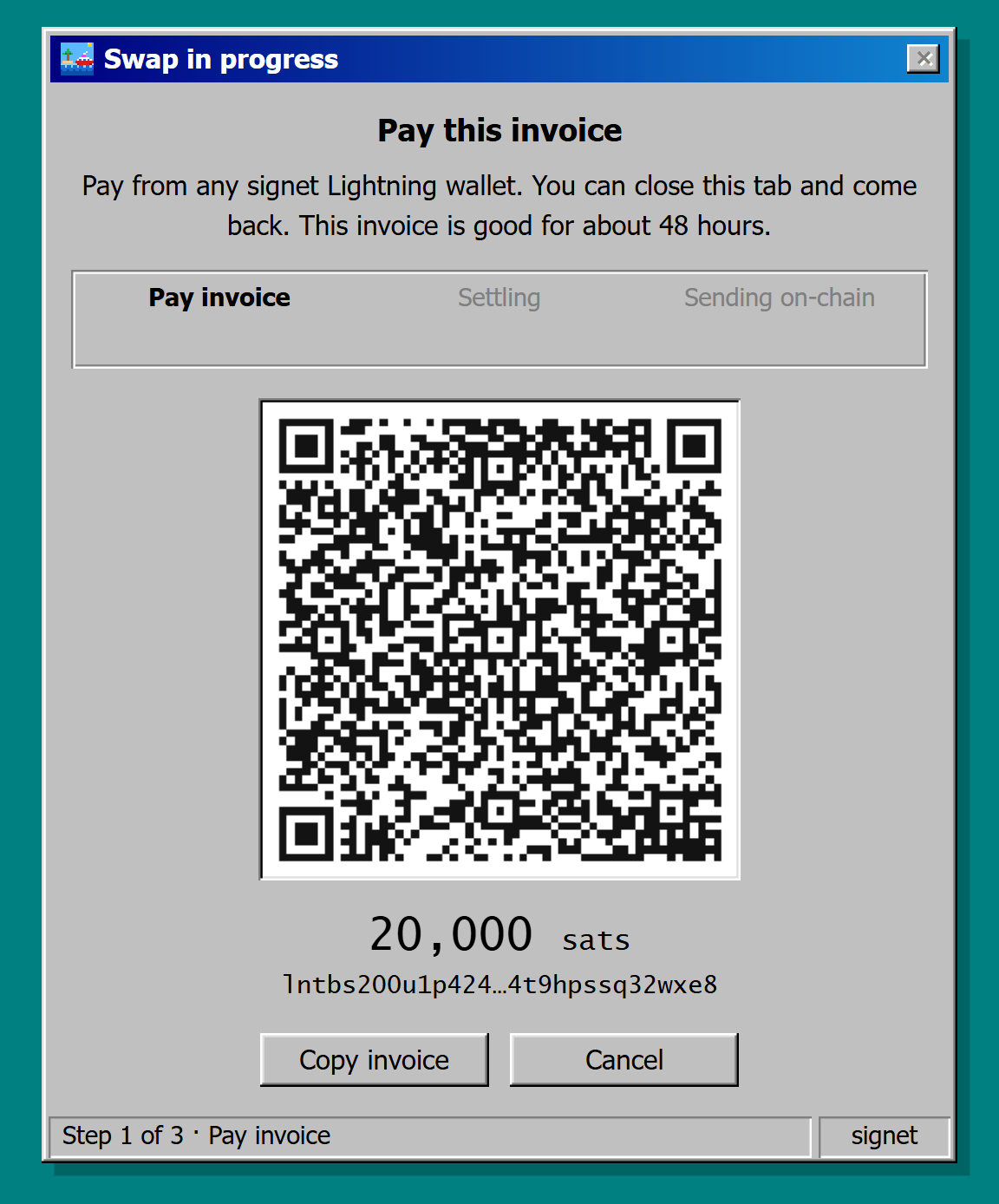 Screenshot of the Pay this invoice stage, with the amount, the invoice QR code, the Copy invoice button, and the notice that the tab can be closed