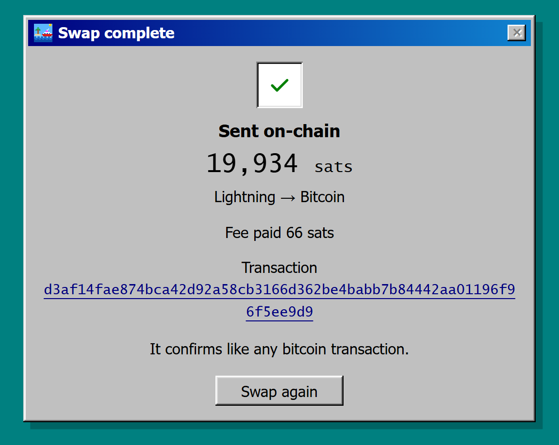 Screenshot of the Sent on-chain screen, with the amount, the route line, the fee paid, the transaction link, and the Swap again button