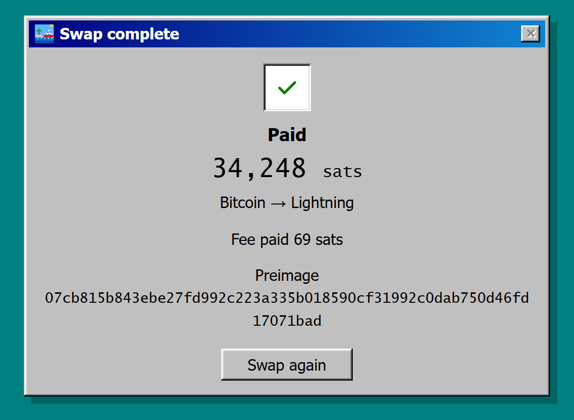 Screenshot of the Paid screen, with the amount, the route line, the fee paid, the preimage, and the Swap again button