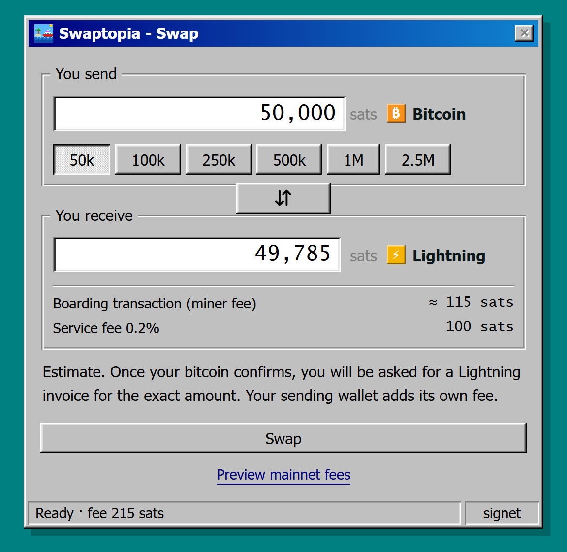 Screenshot of the Swaptopia swap card, with 50,000 sats and the Bitcoin label in You send, the estimated Lightning amount and its fee lines in You receive, and the Swap button