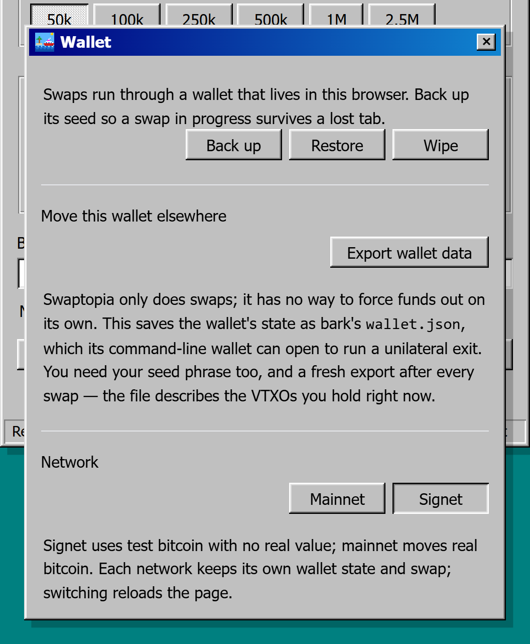 Screenshot of the Swaptopia wallet drawer, with the Back up, Restore, and Wipe buttons, the Export wallet data button, and the Mainnet and Signet network buttons