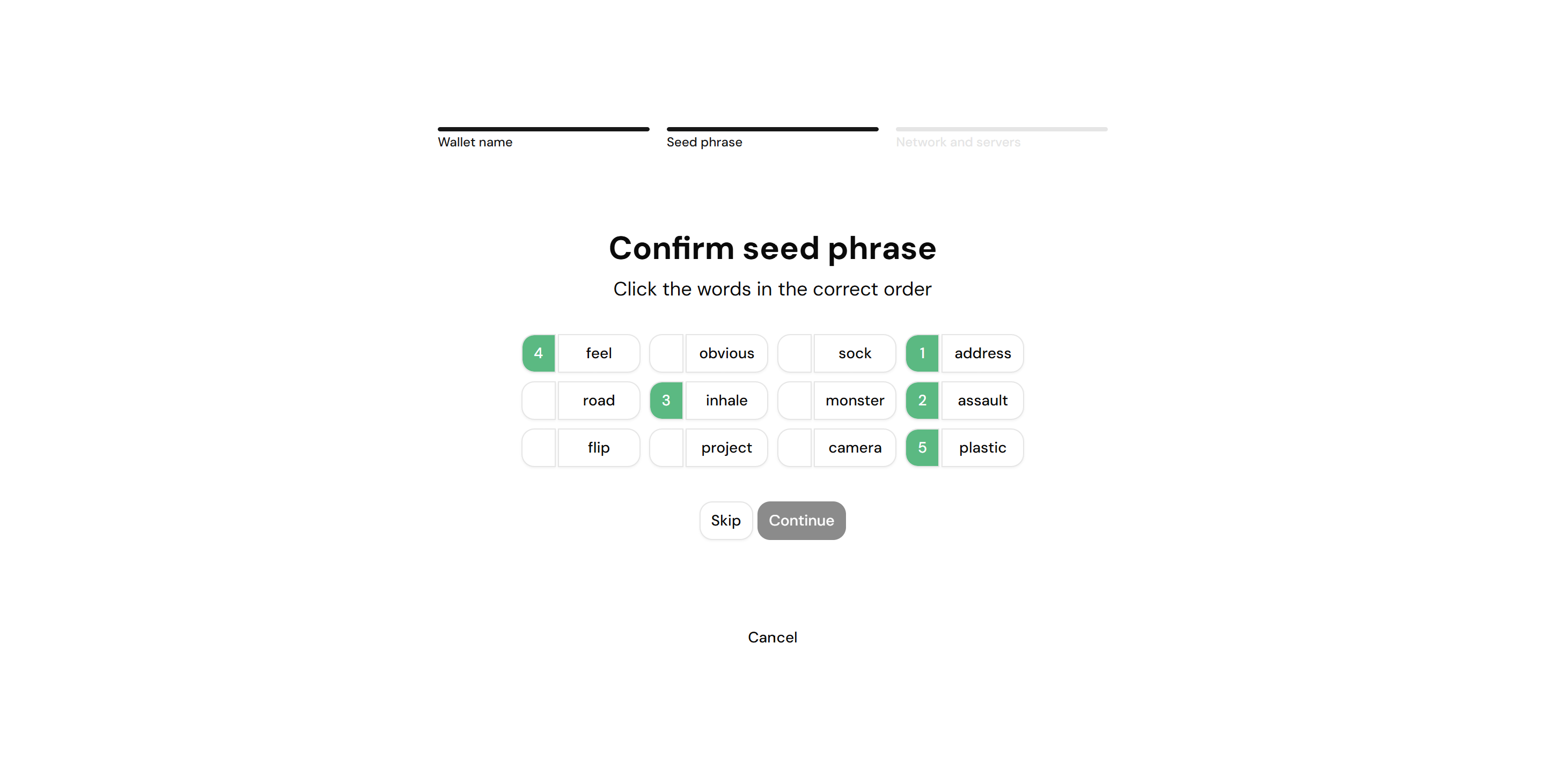 Screenshot of the Confirm seed phrase step, with the shuffled words and the first few already selected in order