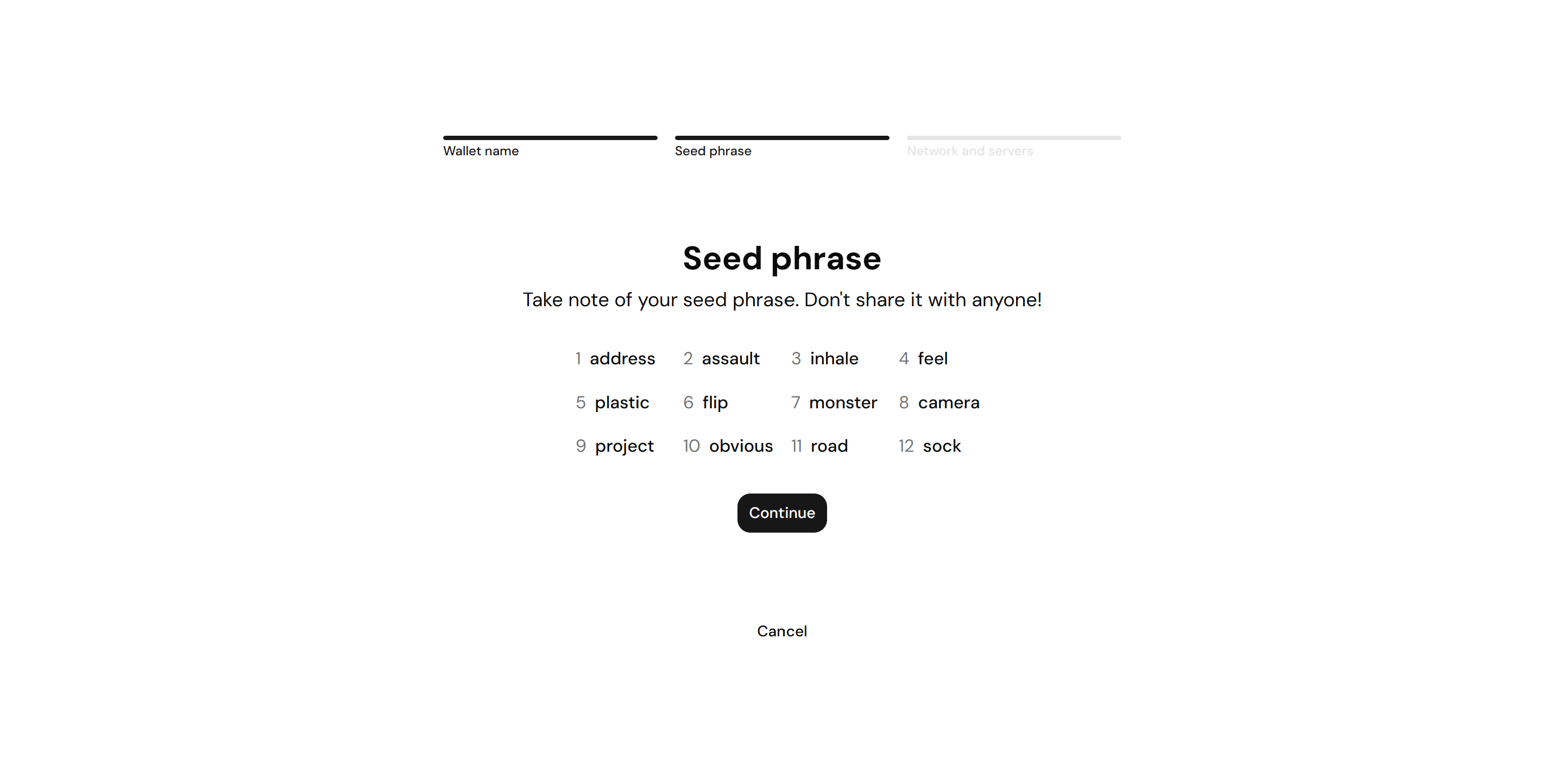 Screenshot of the Seed phrase step, showing the 12 numbered words of a new wallet and the Continue button