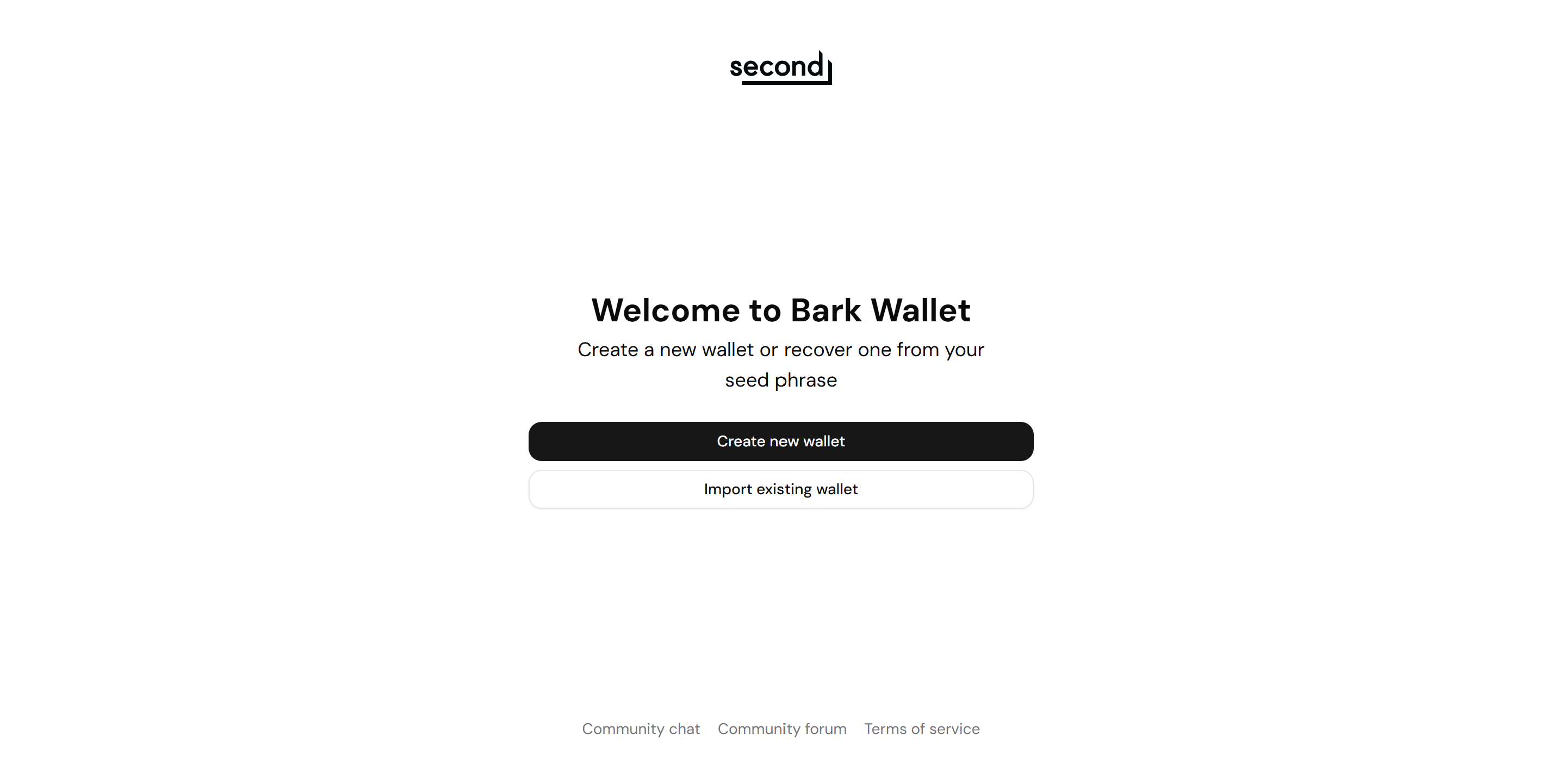 Screenshot of the Bark Wallet welcome screen, with the Create new wallet and Import existing wallet buttons
