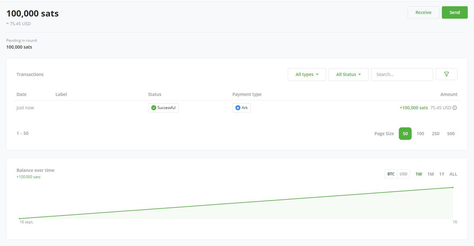 Screenshot of the Bark wallet page in BTCPay Server, with the main balance, its sub-balances, the balance chart, and a list of transactions