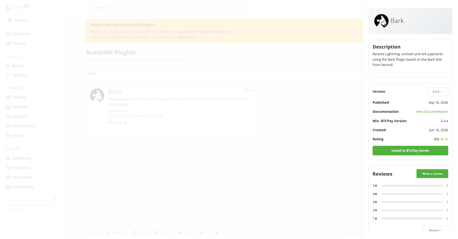 Screenshot of the Plugin Directory page with the Bark plugin selected, its details panel open, and the Install in BTCPay Server button