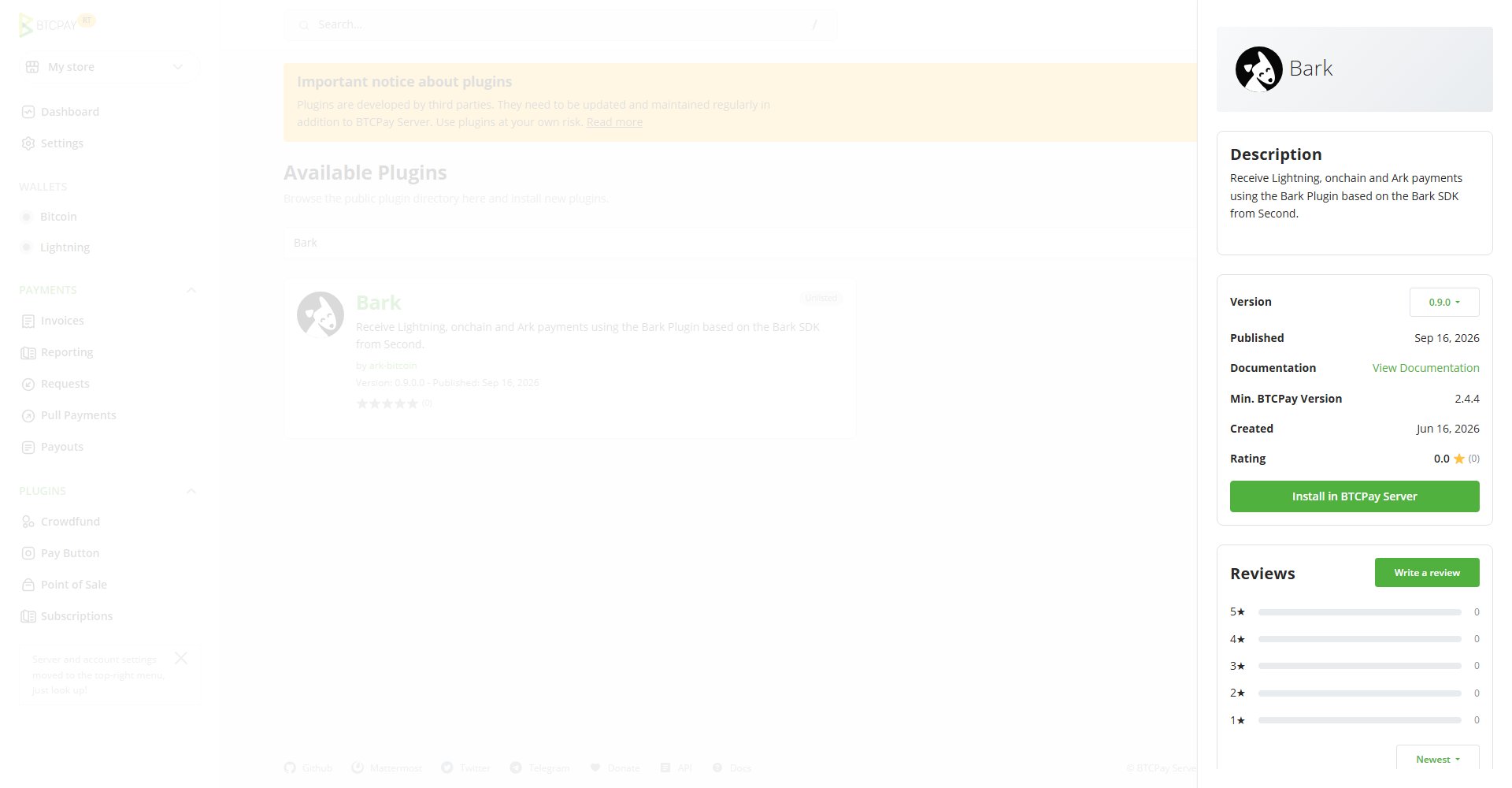 Screenshot of the Plugin Directory page with the Bark plugin selected, its details panel open, and the Install in BTCPay Server button