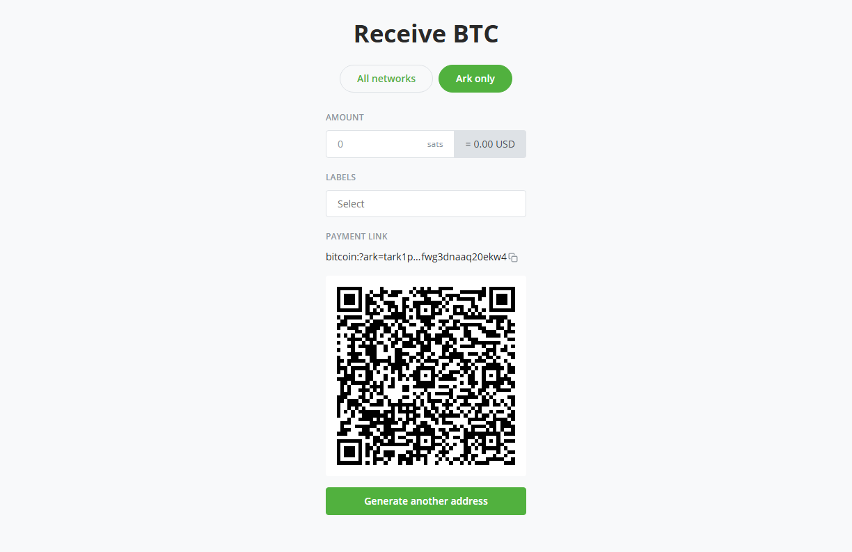 Screenshot of the Receive screen on the Ark only tab, with the amount and labels fields, an Ark address QR code, and the Generate another address button