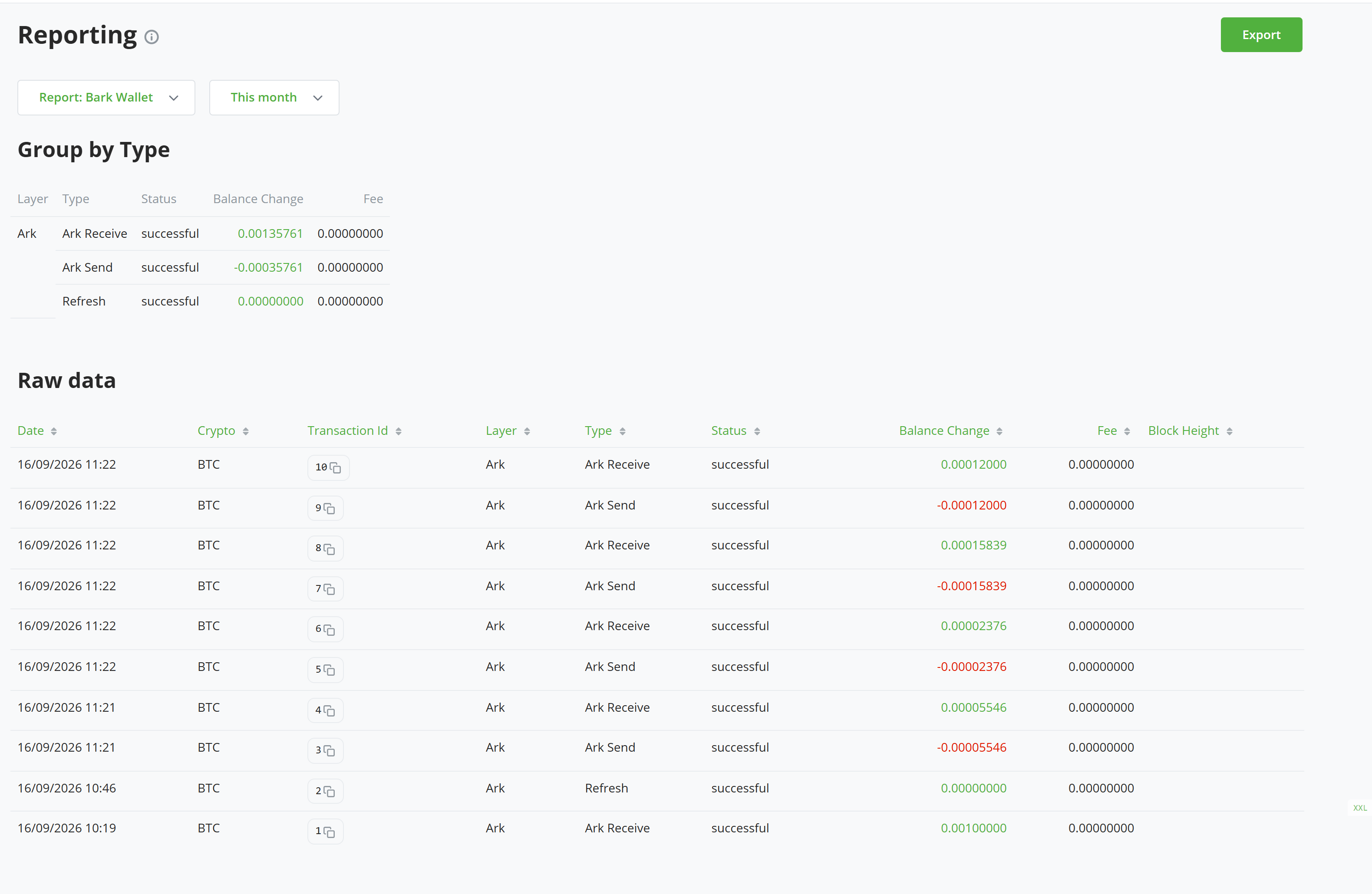 Screenshot of the BTCPay Reporting page with the Bark Wallet report selected, listing Ark receives, sends, and refreshes with their layer, type, status, balance change, and fee