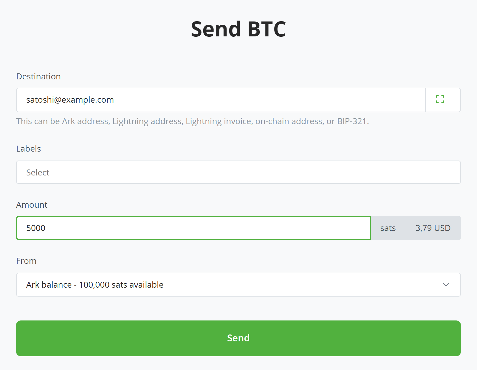 Screenshot of the Send screen with a destination, an amount in sats, and the From selector showing the Ark balance